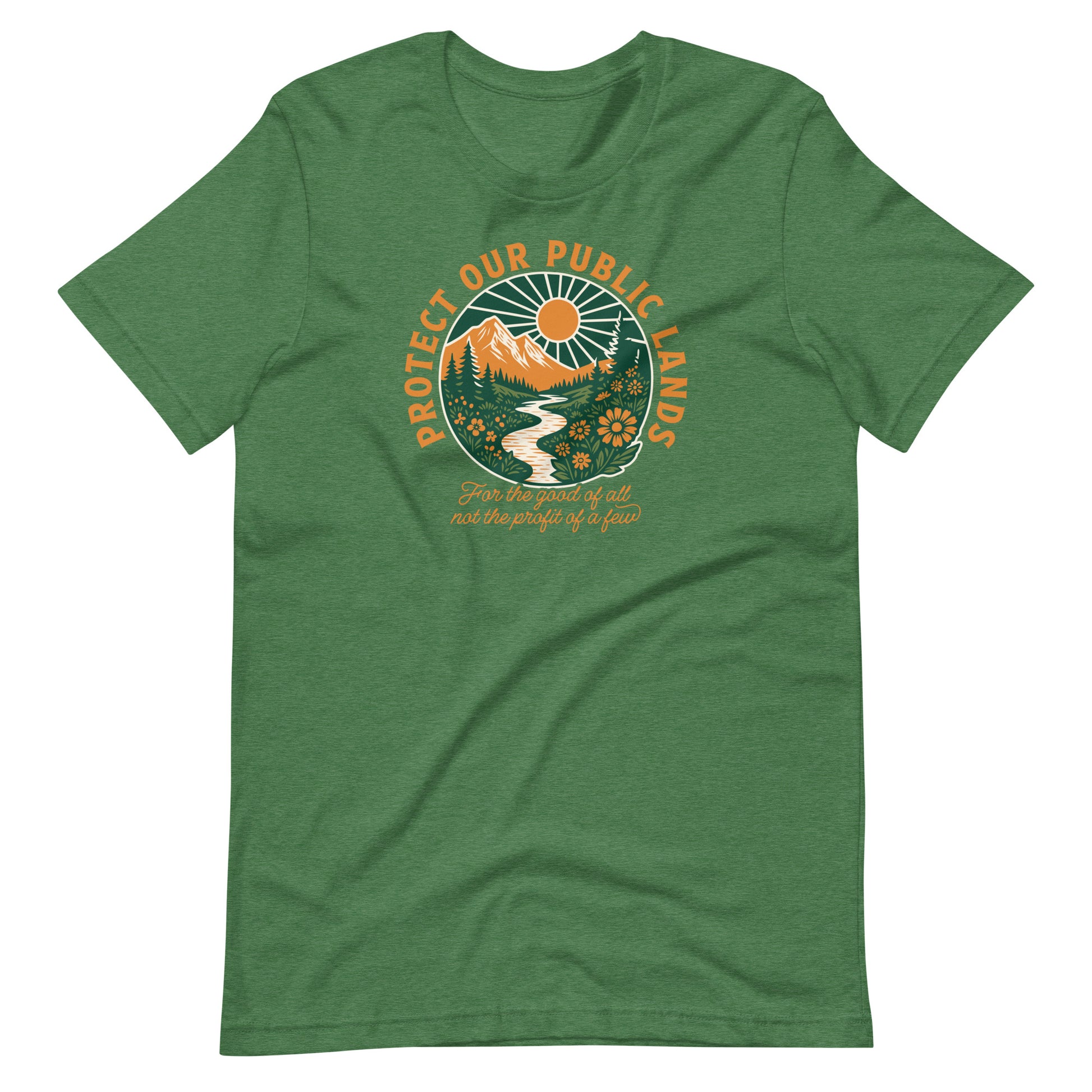 Heather green environmental advocacy t-shirt featuring scenic outdoor artwork with wildlife, forests, mountains, and a public lands protection message.