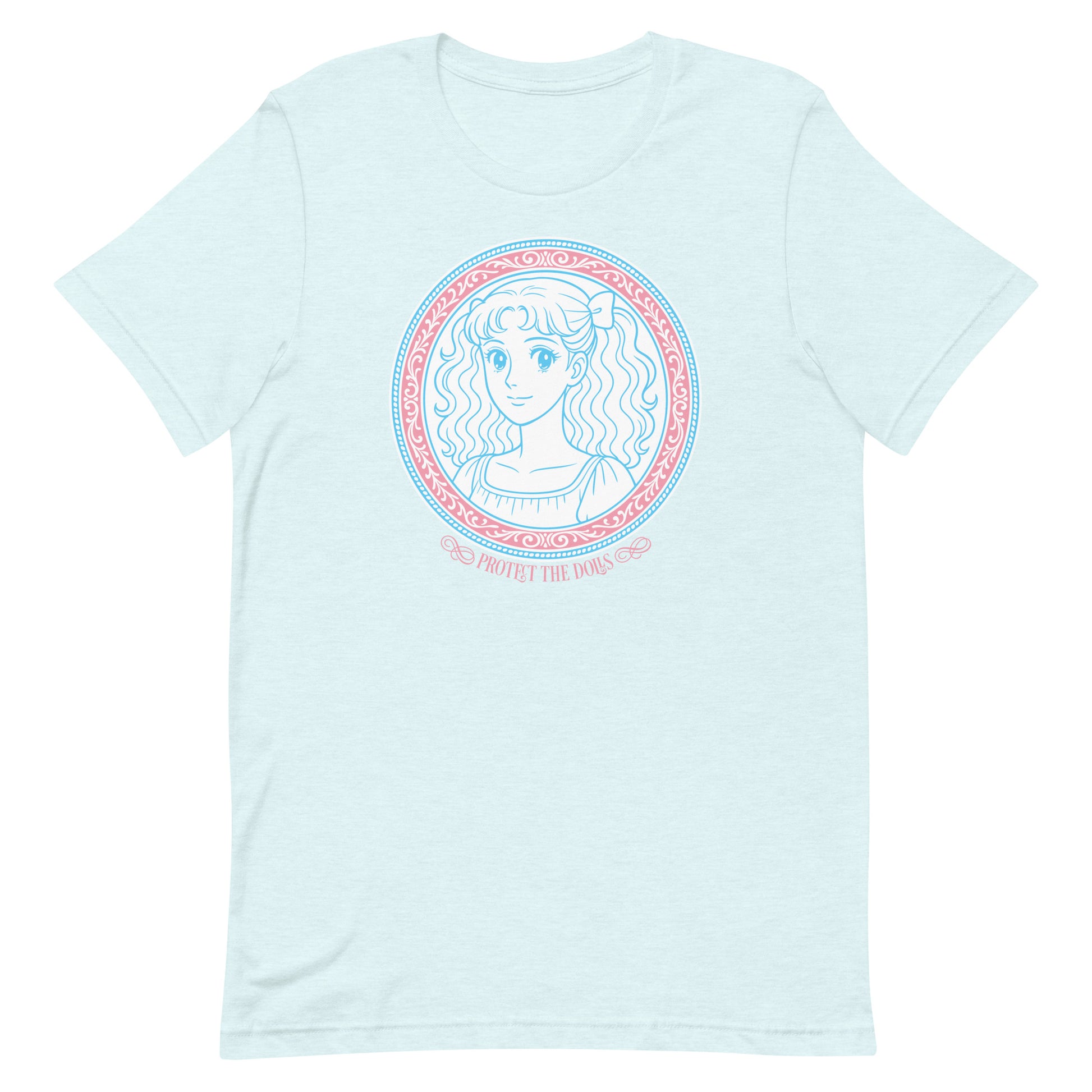Front View Image: Protect The Dolls t-shirt with trans pride anime-style graphic