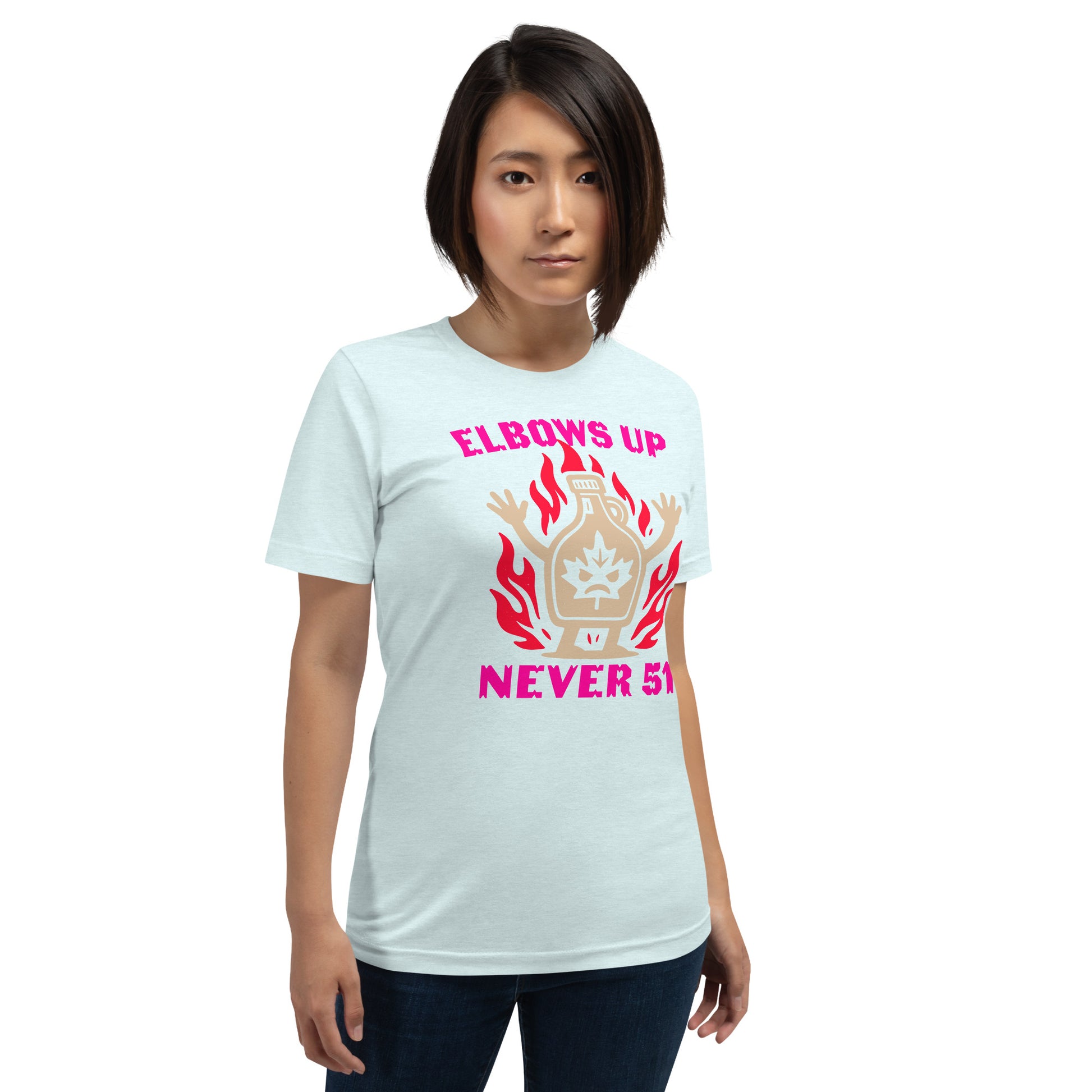 Lifestyle Image: Woman wearing shirt with proud Canadian attitude