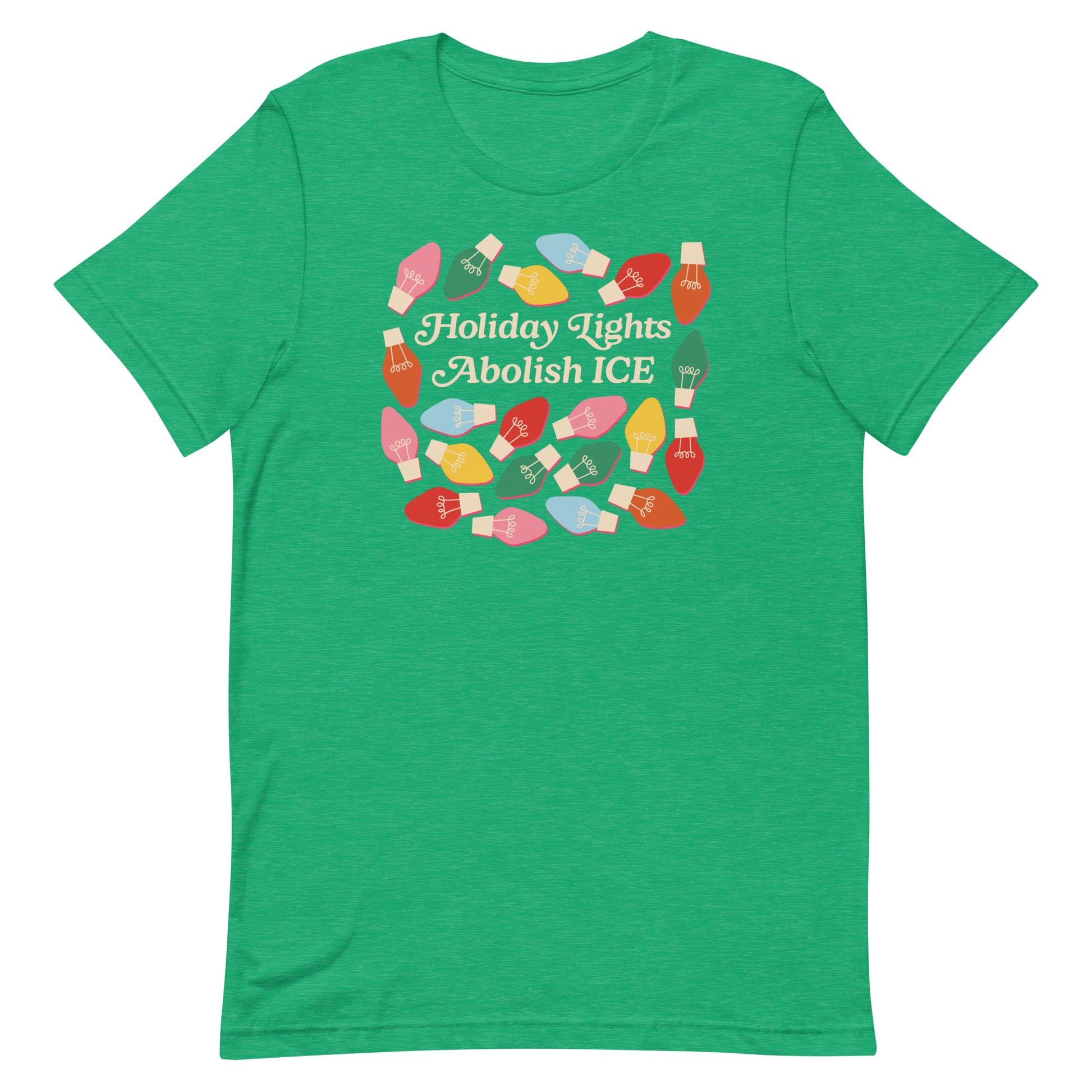 A heather kelly green unisex t-shirt printed with multicolored holiday bulbs around the message “Holiday Lights Abolish ICE,” offering a fresh, bright seasonal activist style from Blue Wave USA.
