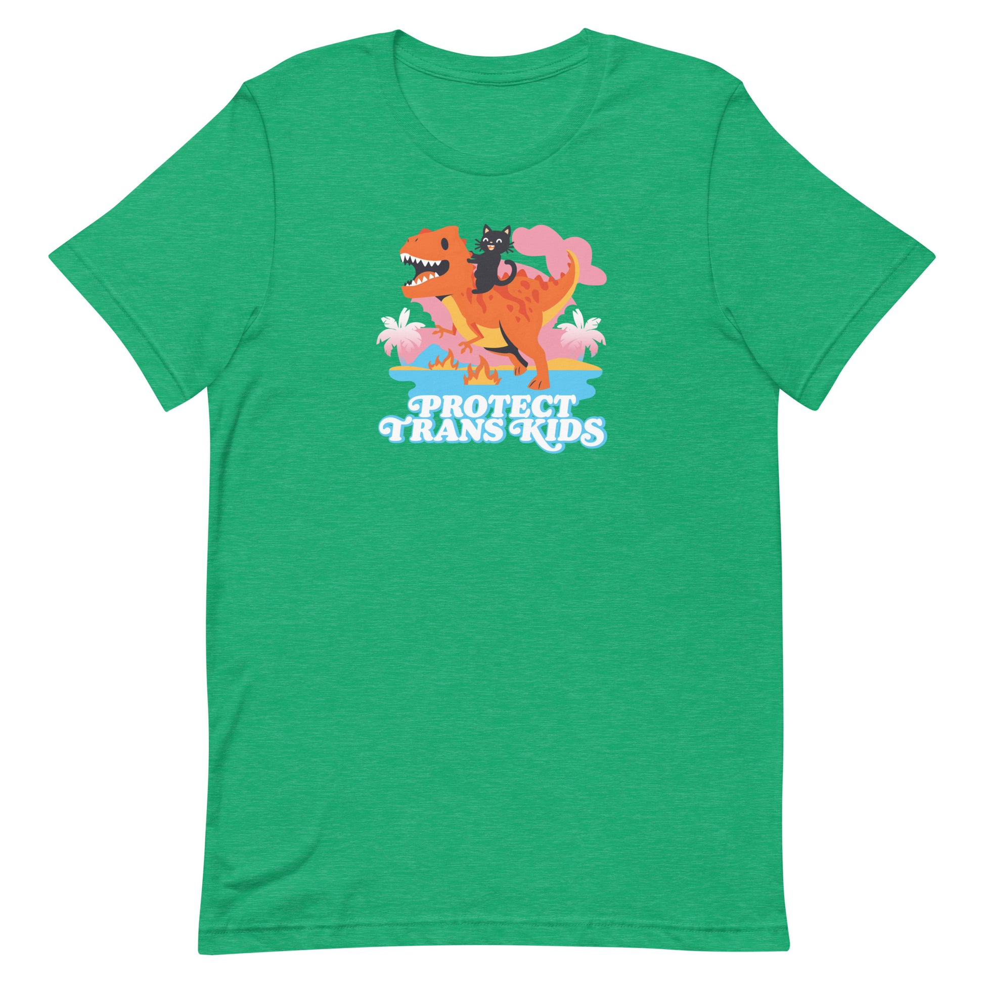 Heather Kelly green unisex t-shirt with playful dinosaur and ally cat graphic above bold vintage-style typography reading “Protect Trans Kids.”