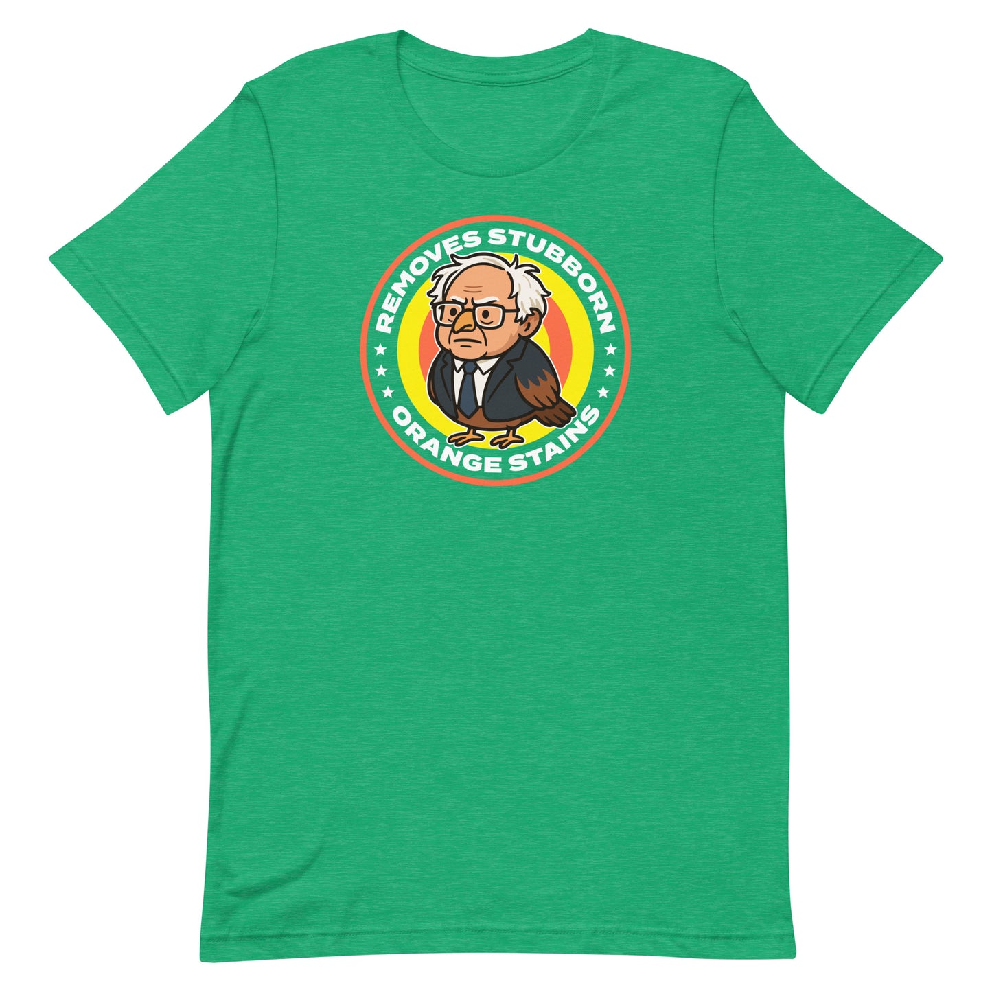 Bright heather kelly green unisex T-shirt displaying Birdie Sanders parody detergent artwork with bold orange stains slogan in playful activist style.