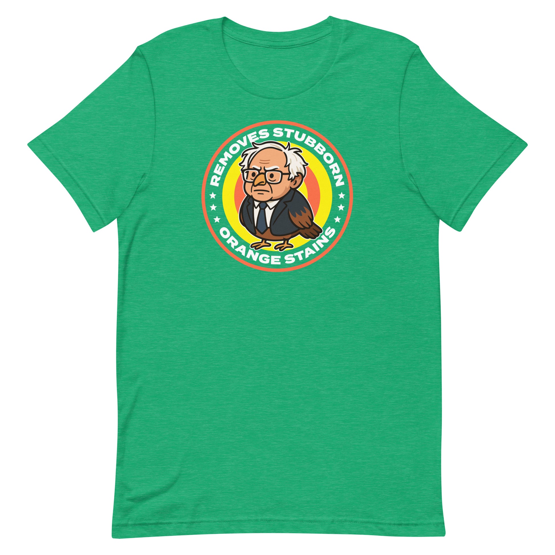 Bright heather kelly green unisex T-shirt displaying Birdie Sanders parody detergent artwork with bold orange stains slogan in playful activist style.