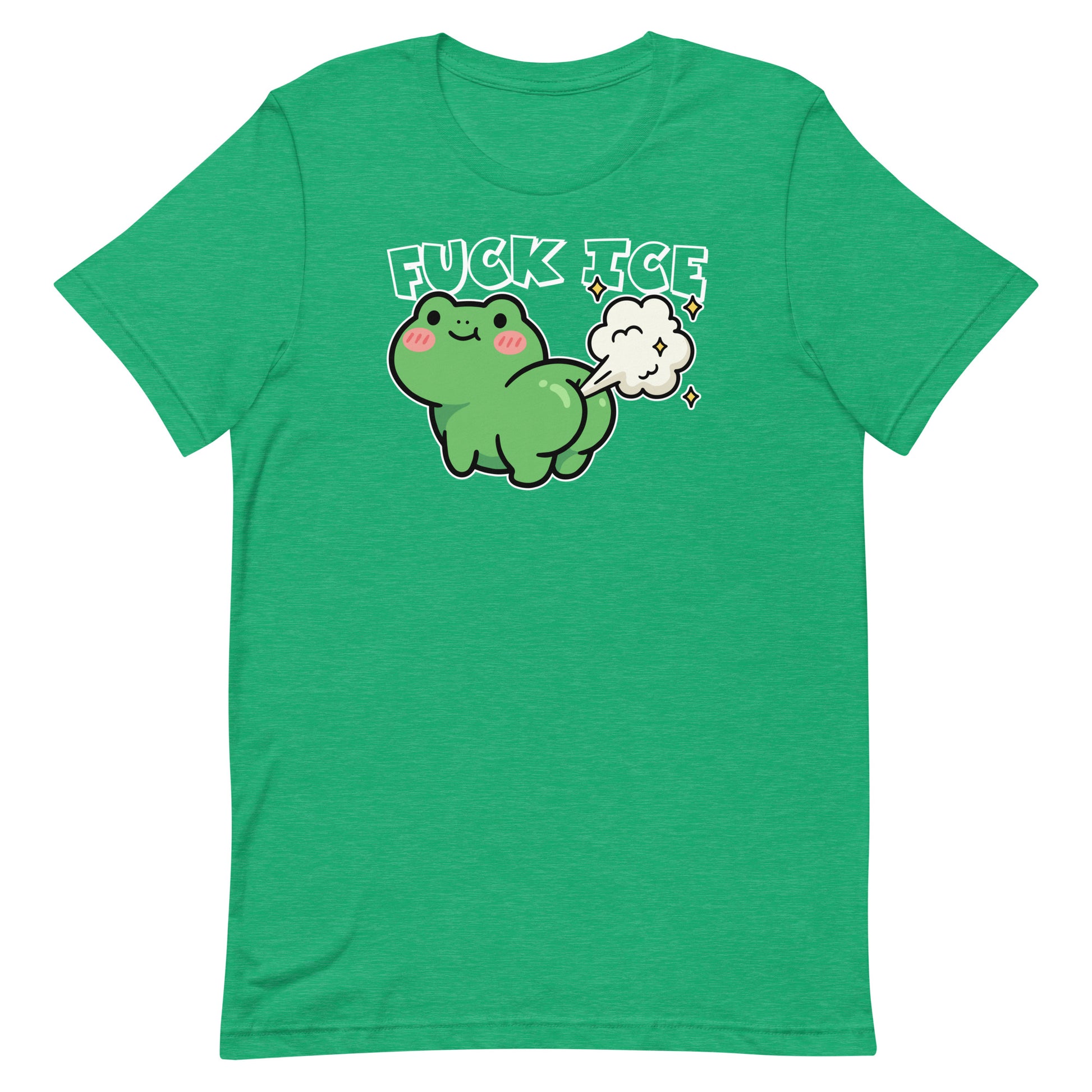 Bright heather kelly green unisex T-shirt displaying frog illustration and gas cloud with “Fuck ICE” phrase in bold activist humor design.