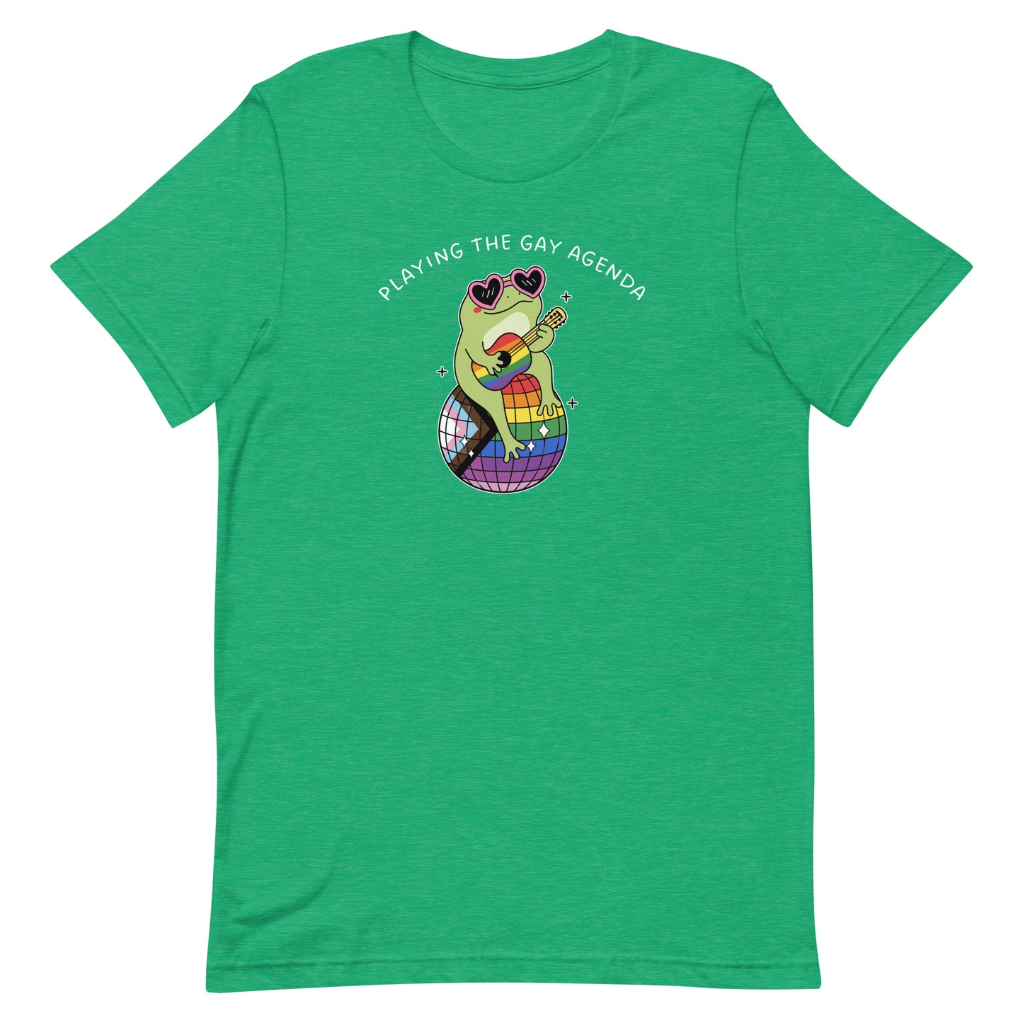 Heather Kelly green pride t-shirt showcasing a retro disco frog in sunglasses with rainbow accents and playful LGBTQ+ themed “Playing the Gay Agenda” message.