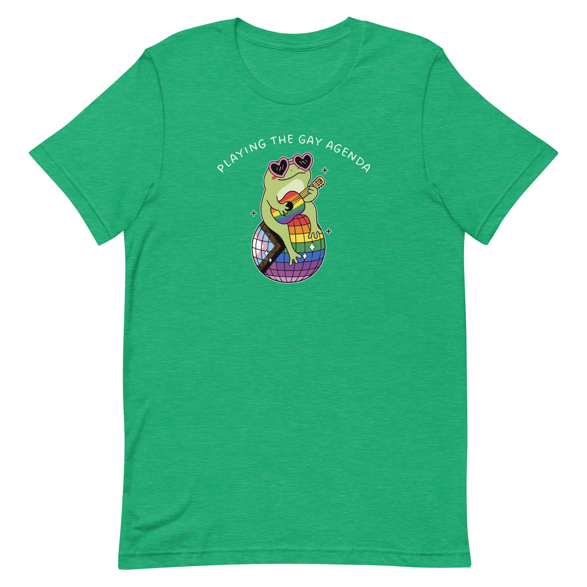 Heather Kelly green pride t-shirt showcasing a retro disco frog in sunglasses with rainbow accents and playful LGBTQ+ themed “Playing the Gay Agenda” message.