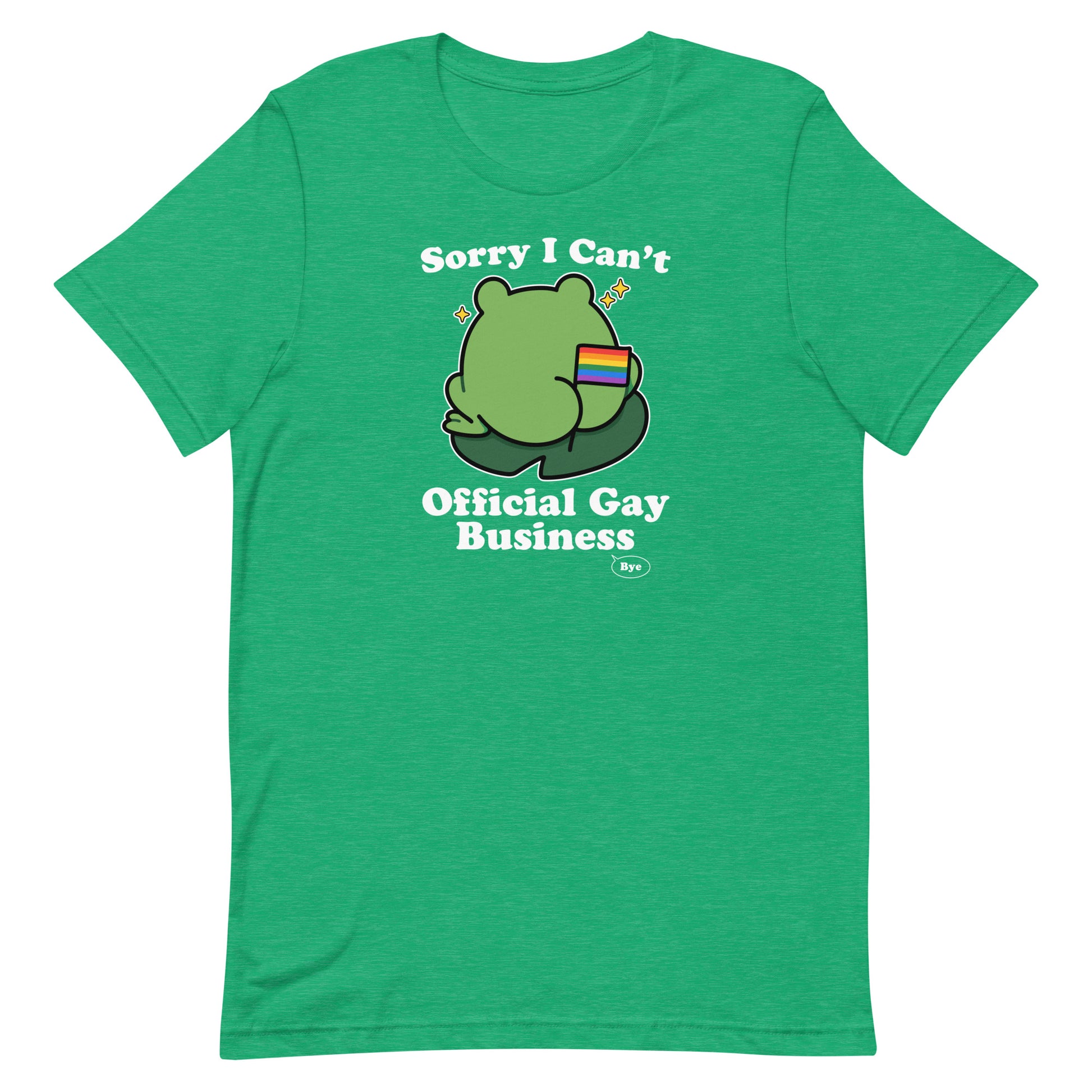 Heather kelly green pride t-shirt showcasing a playful frog carrying a rainbow flag with humorous LGBTQ+ message celebrating queer joy, visibility, and self-expression.
