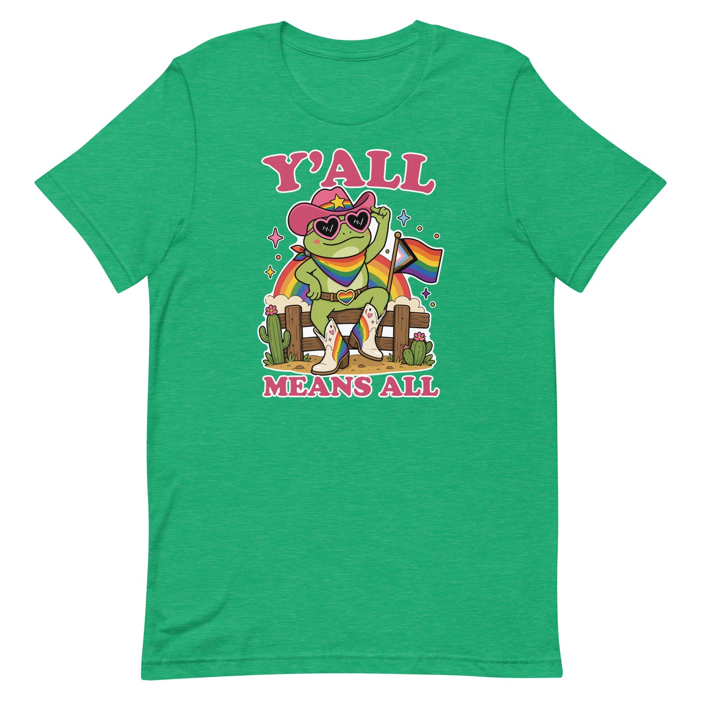 Heather kelly green pride t-shirt showcasing a rainbow cowboy frog character, western-themed artwork, and inclusive “Y’All Means All” slogan supporting LGBTQ+ community and belonging.
