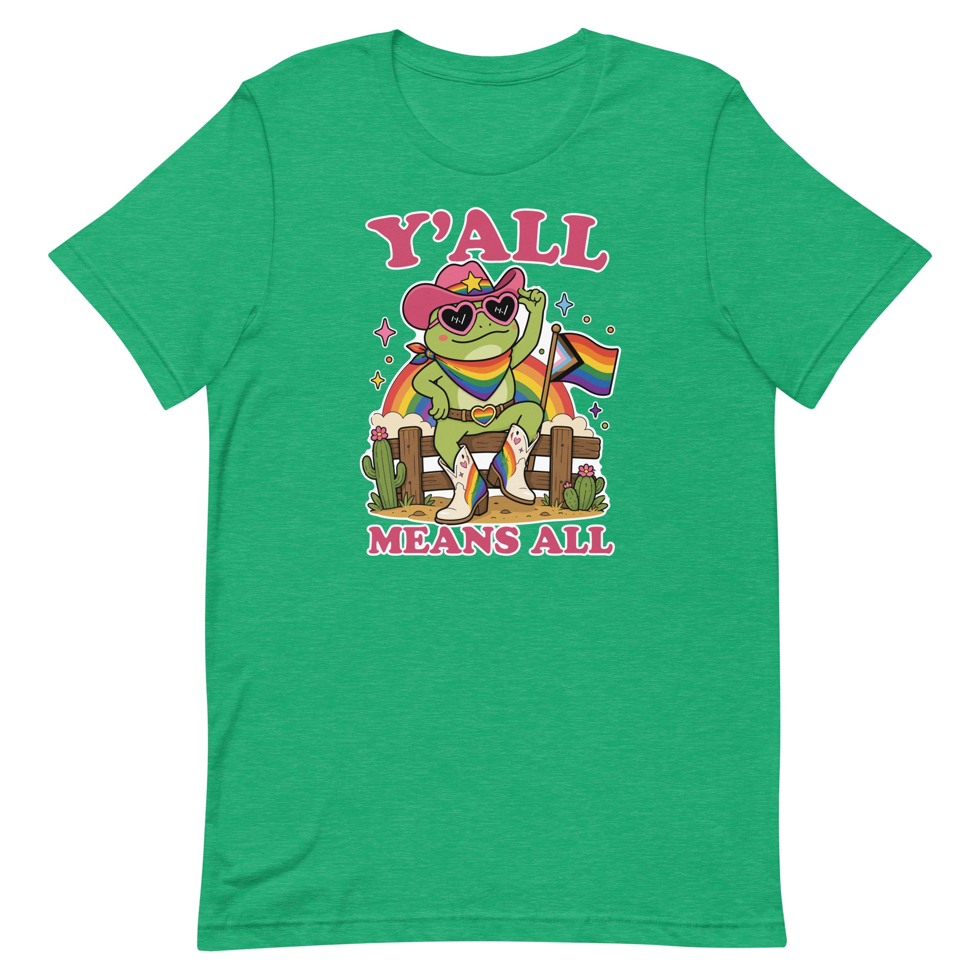 Heather kelly green pride t-shirt showcasing a rainbow cowboy frog character, western-themed artwork, and inclusive “Y’All Means All” slogan supporting LGBTQ+ community and belonging.