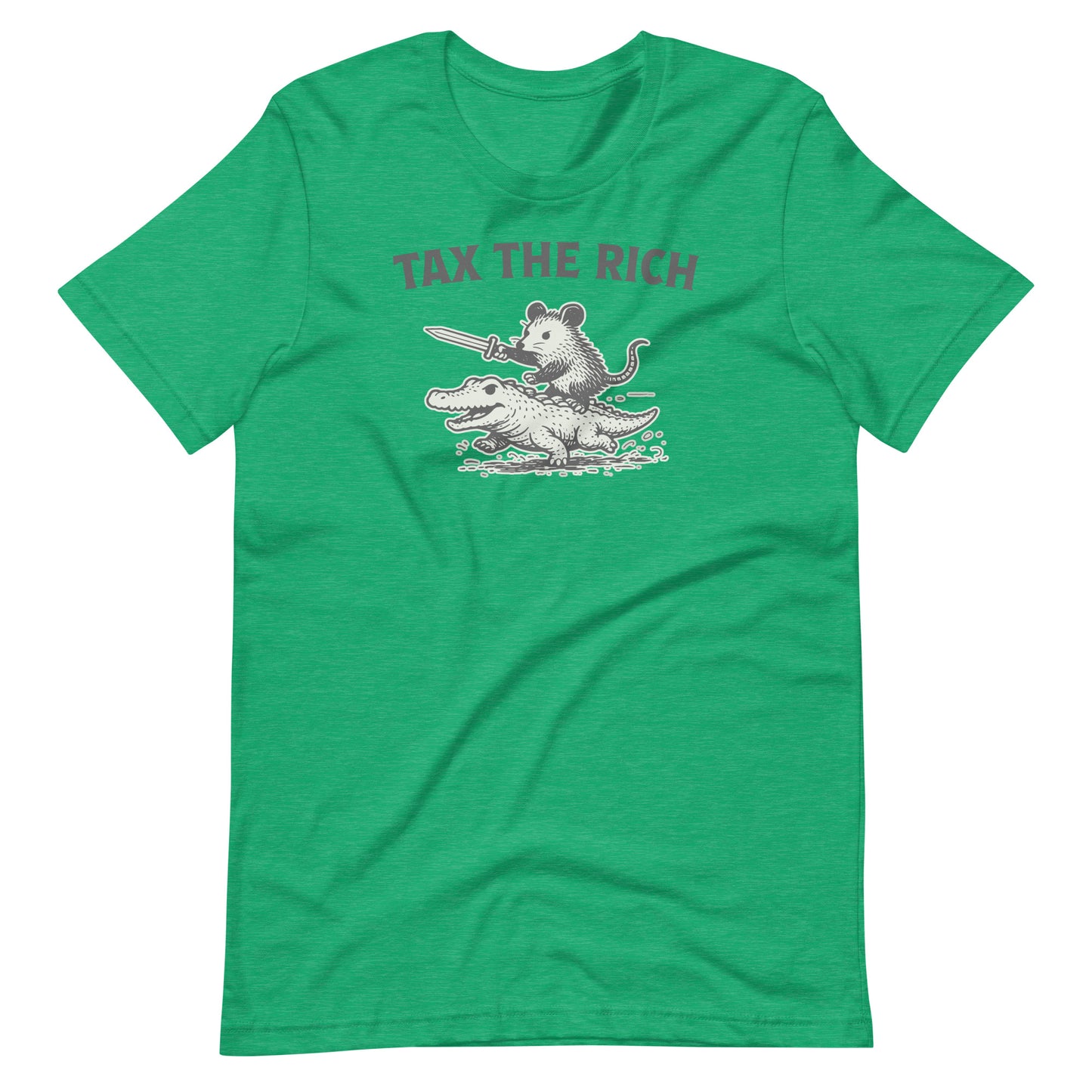 Heather kelly green unisex t-shirt featuring a folk-art inspired opossum riding an alligator with bold “Tax the Rich” lettering and vintage protest-inspired artwork.