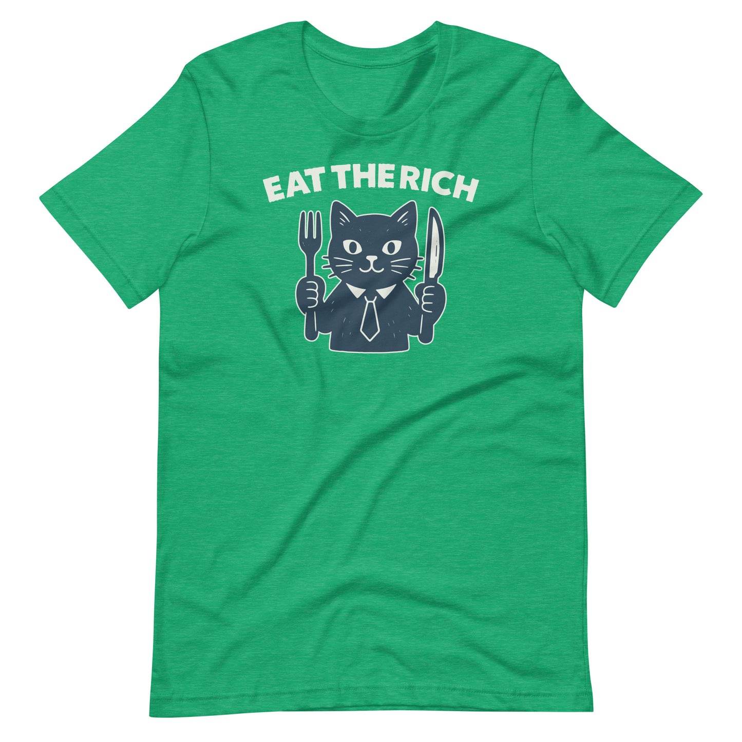 heather kelly green protest t-shirt showcasing a cartoon cat holding dining utensils with the satirical “Eat the Rich” slogan inspired by economic justice themes.