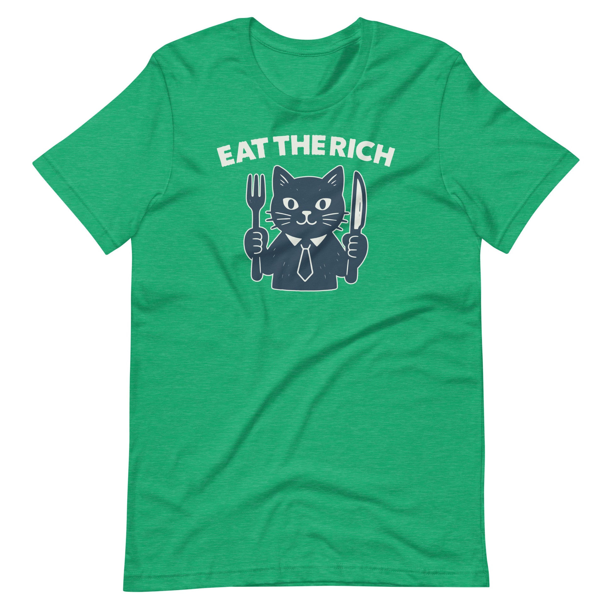 heather kelly green protest t-shirt showcasing a cartoon cat holding dining utensils with the satirical “Eat the Rich” slogan inspired by economic justice themes.
