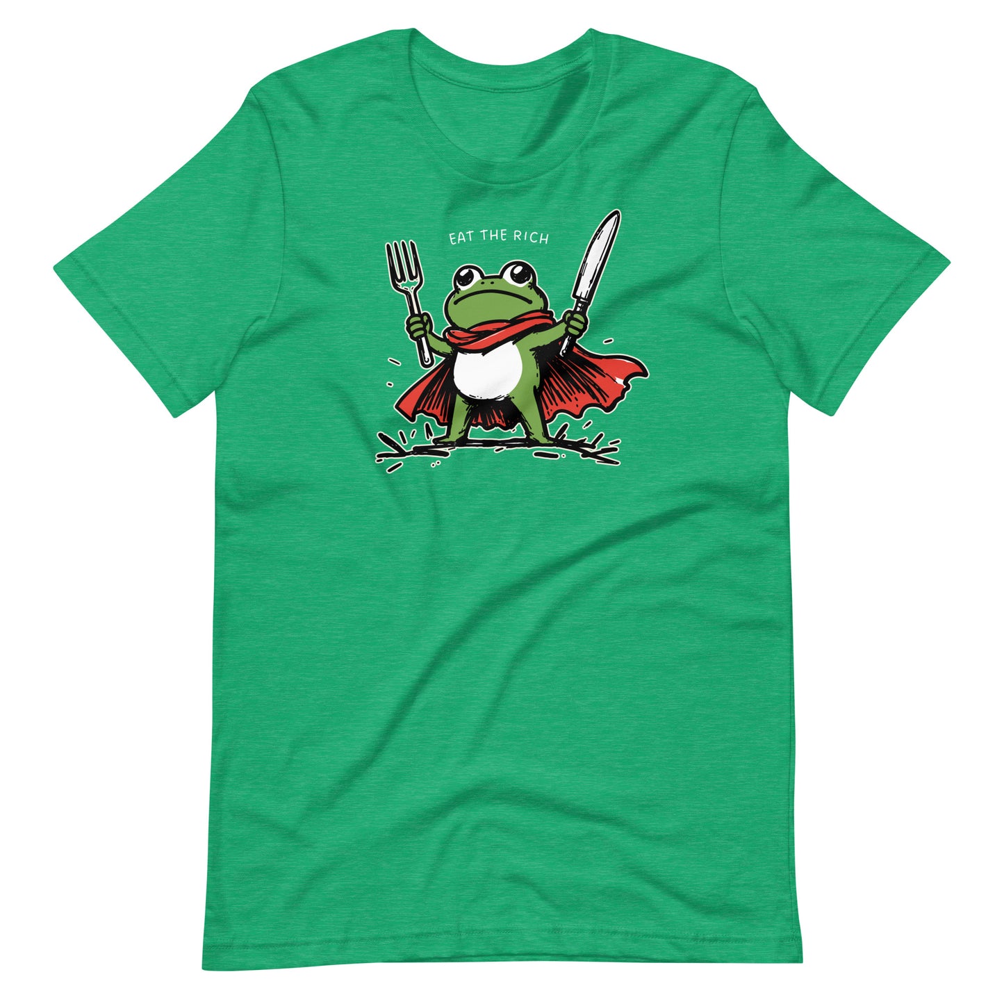 Heather kelly green t-shirt featuring a heroic frog illustration with fork, knife, and cape paired with the bold “Eat the Rich” slogan inspired by economic justice themes.