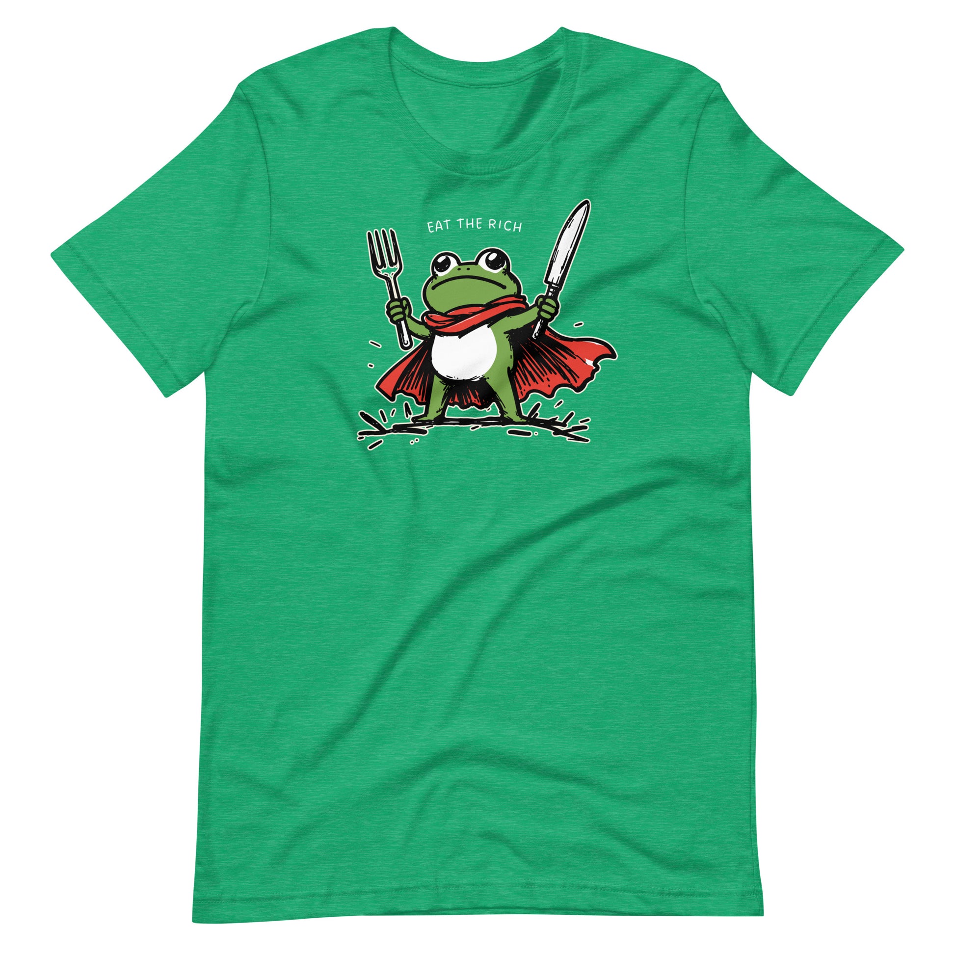 Heather kelly green t-shirt featuring a heroic frog illustration with fork, knife, and cape paired with the bold “Eat the Rich” slogan inspired by economic justice themes.
