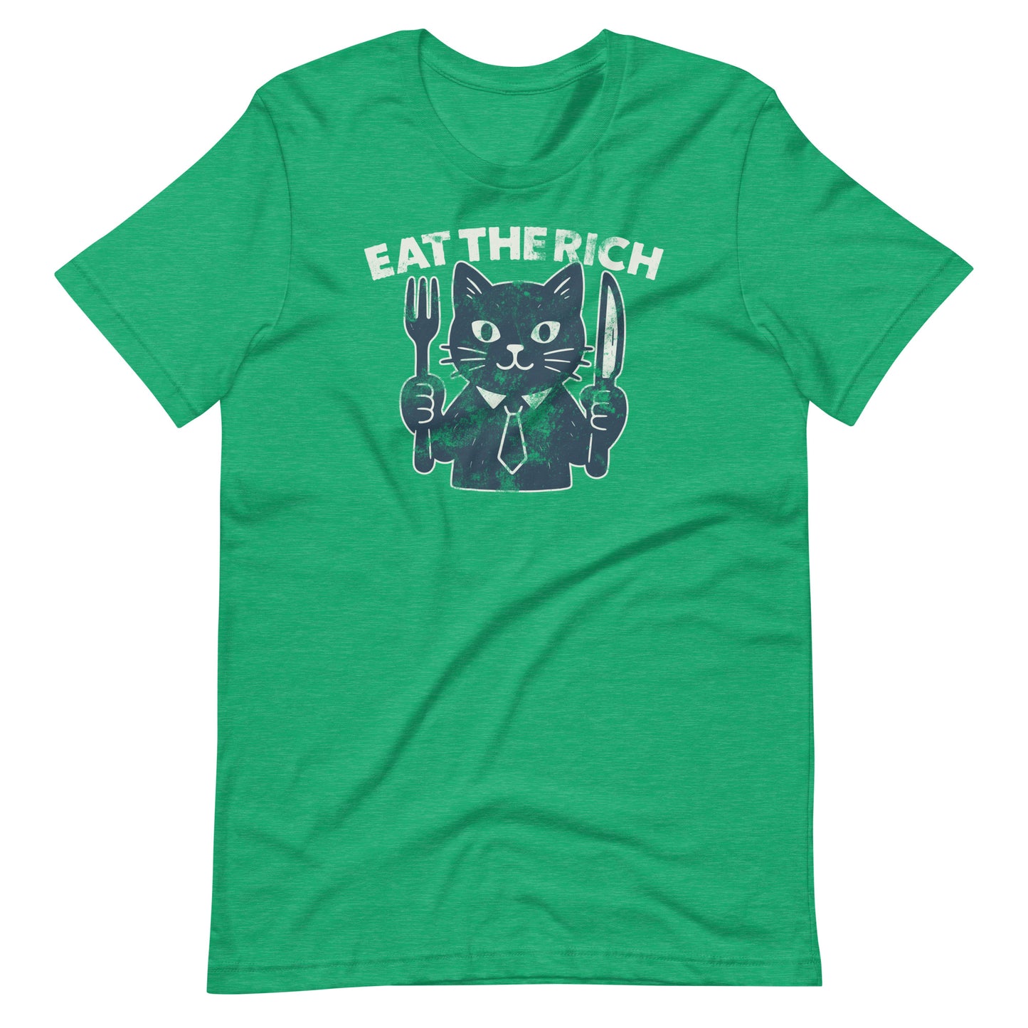 Heather kelly green protest t-shirt showcasing a cartoon cat holding dining utensils with the satirical “Eat the Rich” slogan inspired by economic justice themes.