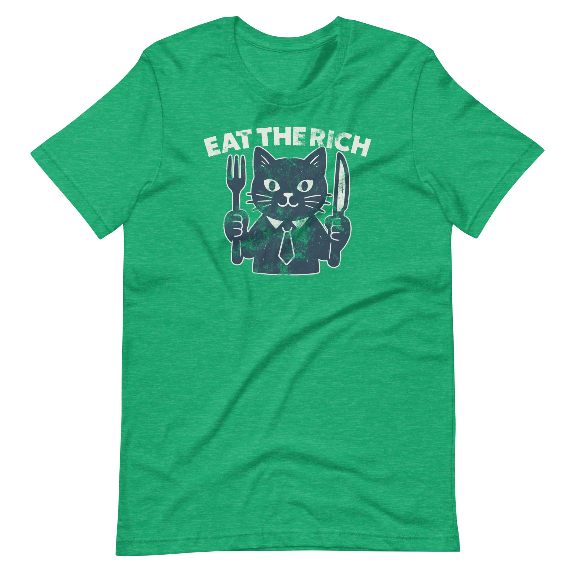 Heather kelly green protest t-shirt showcasing a cartoon cat holding dining utensils with the satirical “Eat the Rich” slogan inspired by economic justice themes.