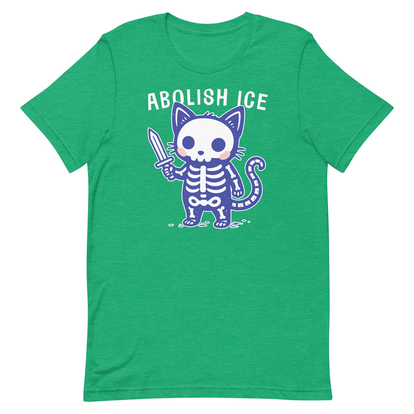 Heather kelly green unisex t-shirt featuring the Abolish ICE skeleton cat illustration with bold white lettering and playful cartoon styling.