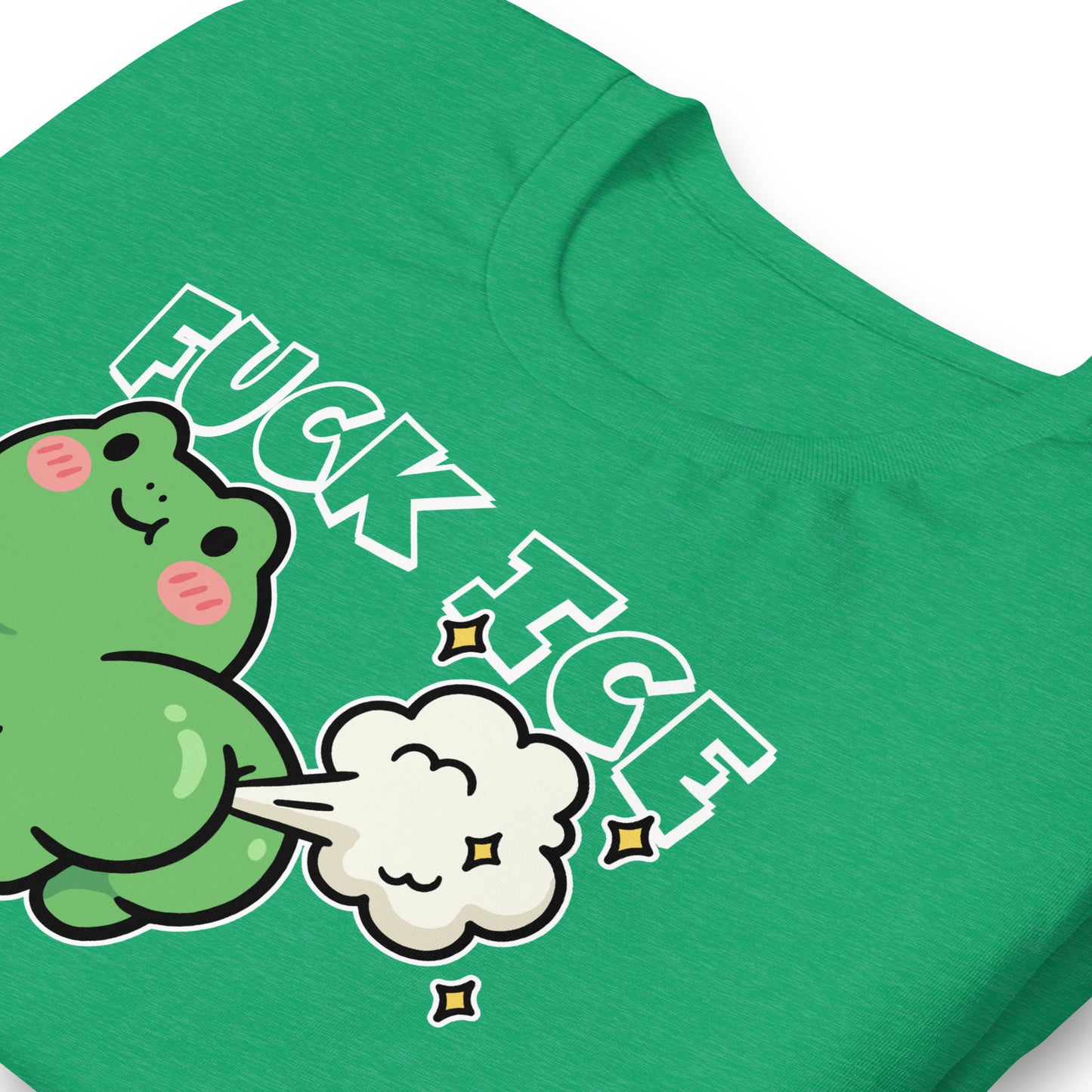 Close-up heather kelly green unisex tee print showing farting frog illustration with “Fuck ICE” wording in humorous immigration justice protest design.