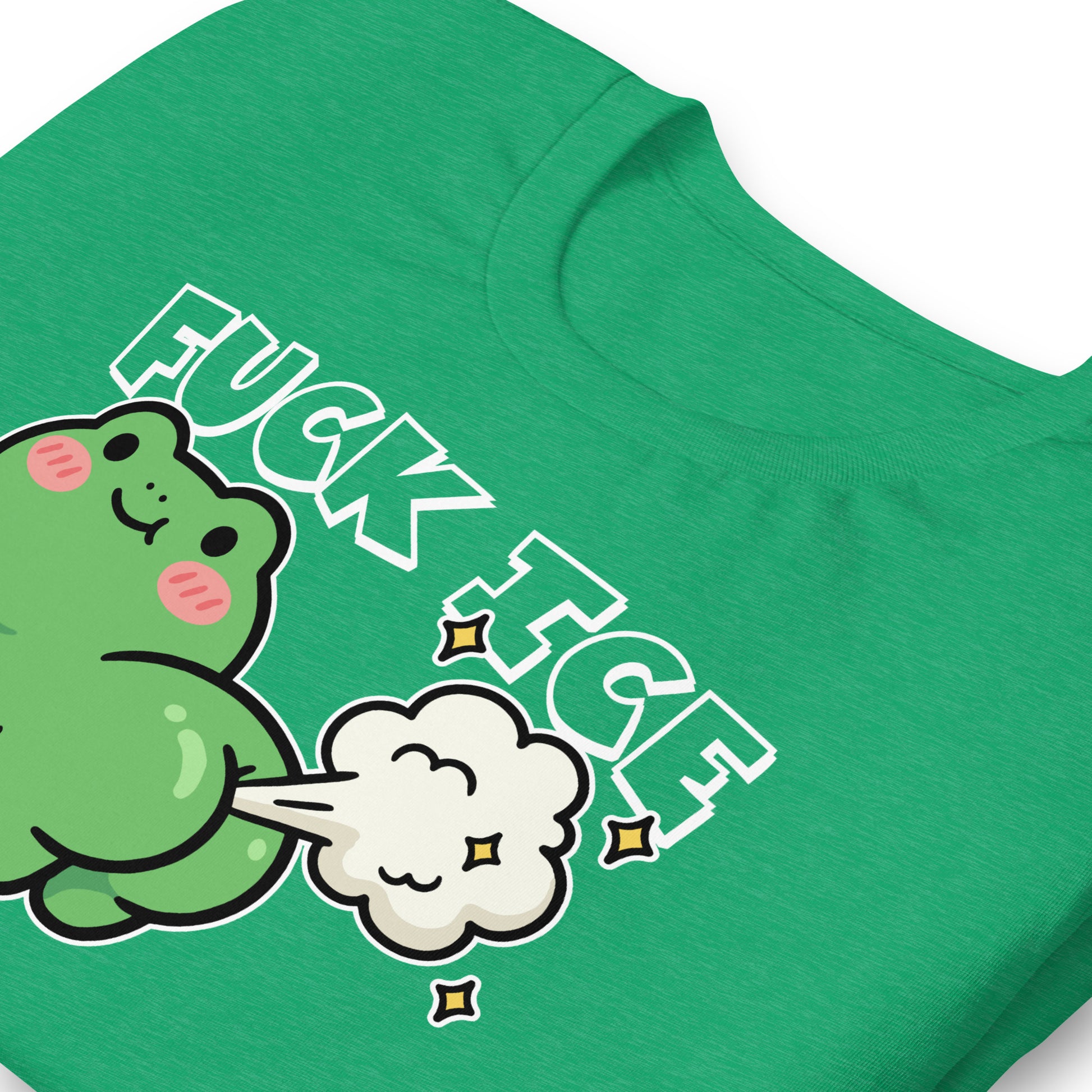 Close-up heather kelly green unisex tee print showing farting frog illustration with “Fuck ICE” wording in humorous immigration justice protest design.