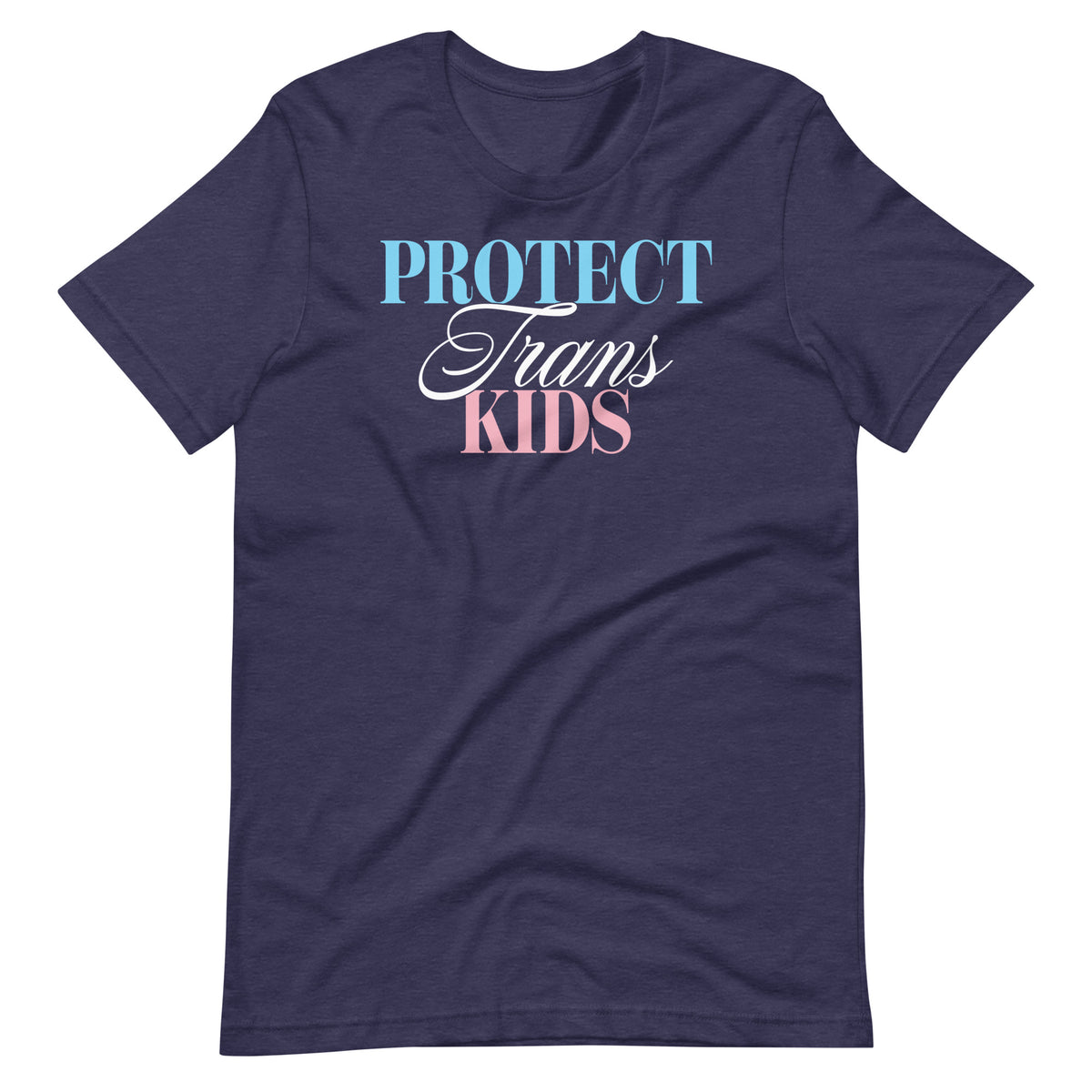 Heather Midnight Navy unisex t-shirt featuring the “Protect Trans Kids” design supporting transgender youth and trans rights.
