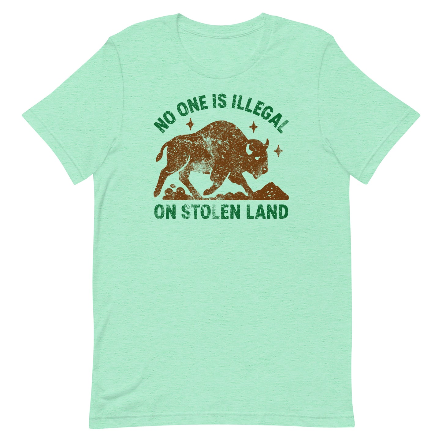 Heather mint t-shirt printed with the buffalo artwork and “NO ONE IS ILLEGAL ON STOLEN LAND,” offering a gentle activist graphic from Blue Wave USA.
