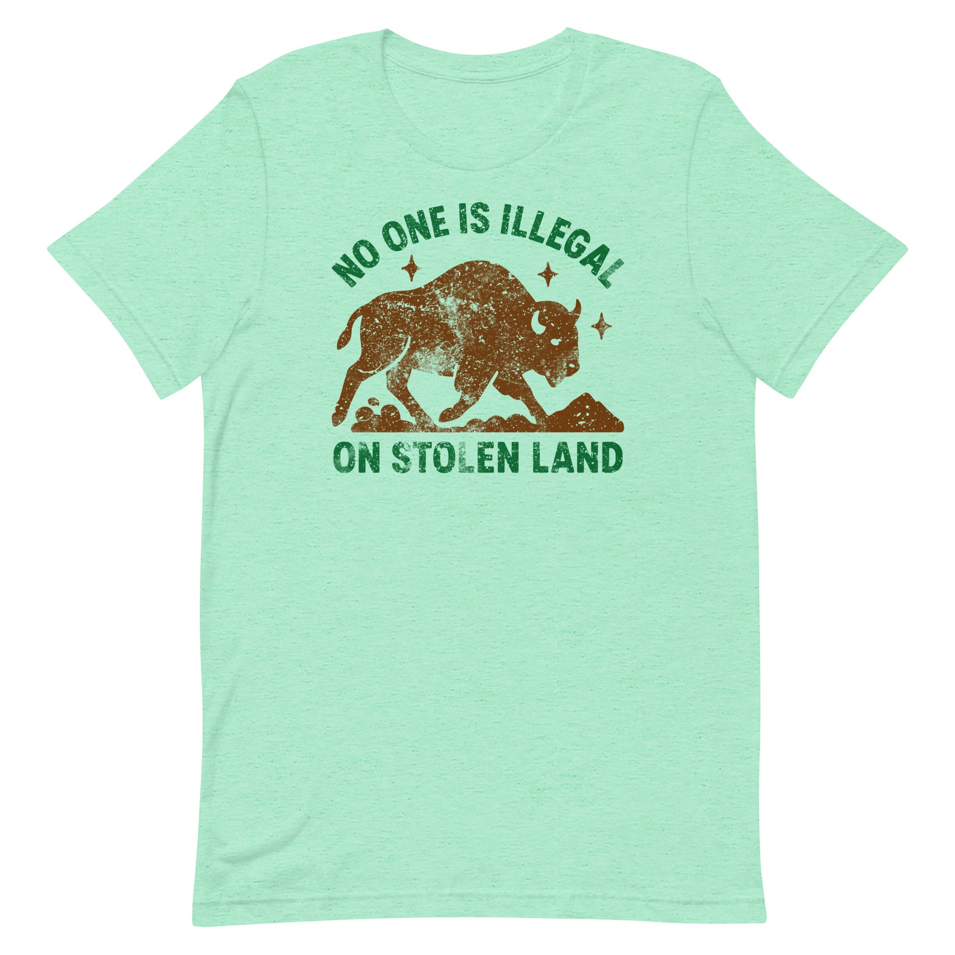 Heather mint t-shirt printed with the buffalo artwork and “NO ONE IS ILLEGAL ON STOLEN LAND,” offering a gentle activist graphic from Blue Wave USA.
