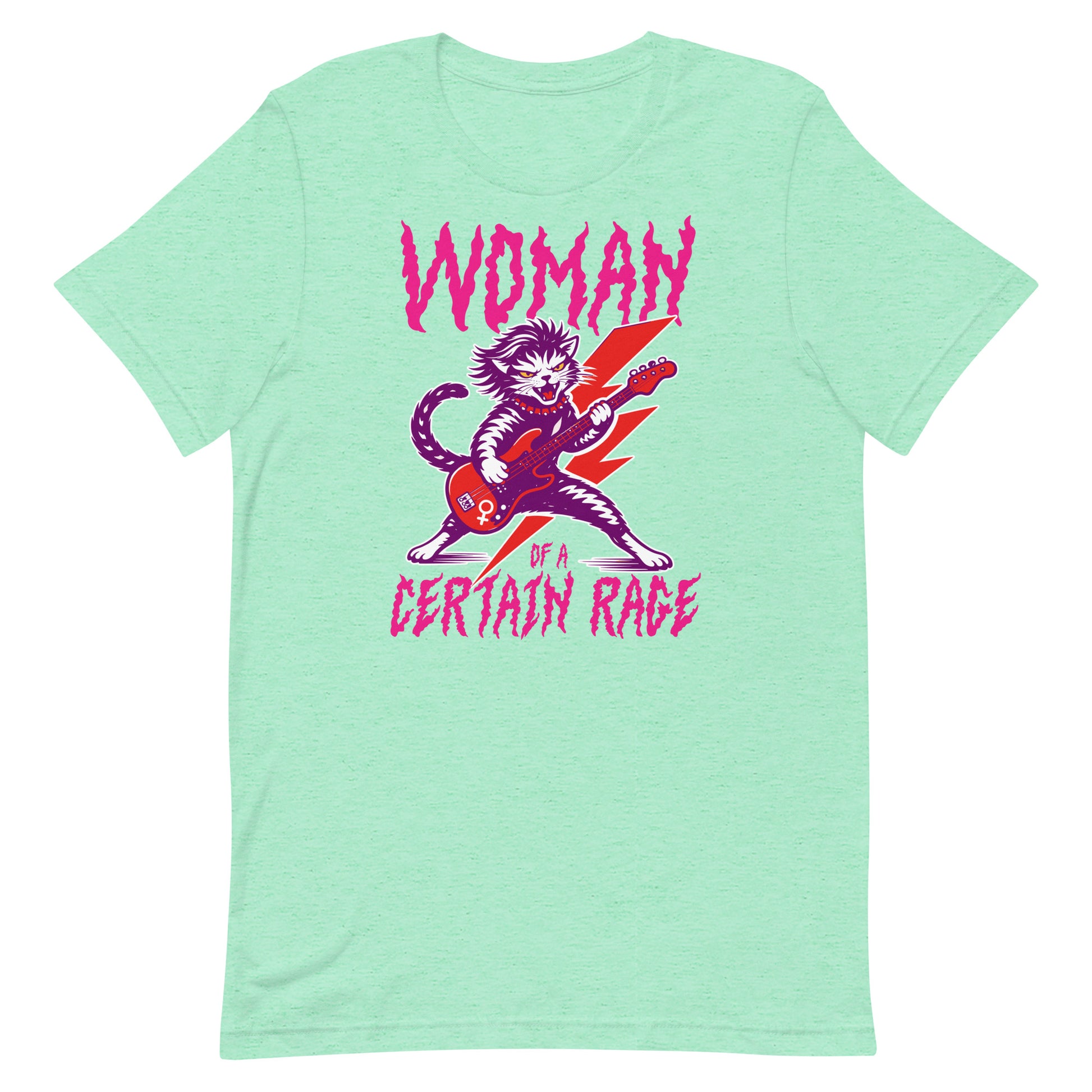 Mint green unisex t-shirt shown flat, showcasing the punk rock cat electric guitar illustration and bold distressed text reading “WOMAN OF A CERTAIN RAGE,” playful colorway from Blue Wave USA.