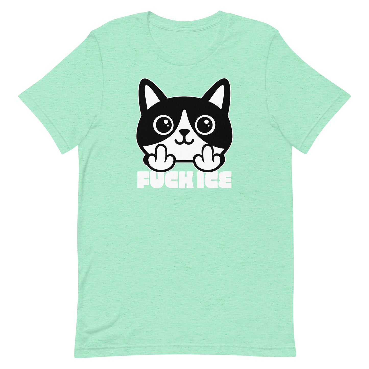Mint green t-shirt featuring bold graphic cartoon cat flipping the middle finger, high-contrast white print, centered layout, printed message “FUCK ICE,” progressive graphic t-shirt from Blue Wave USA.
