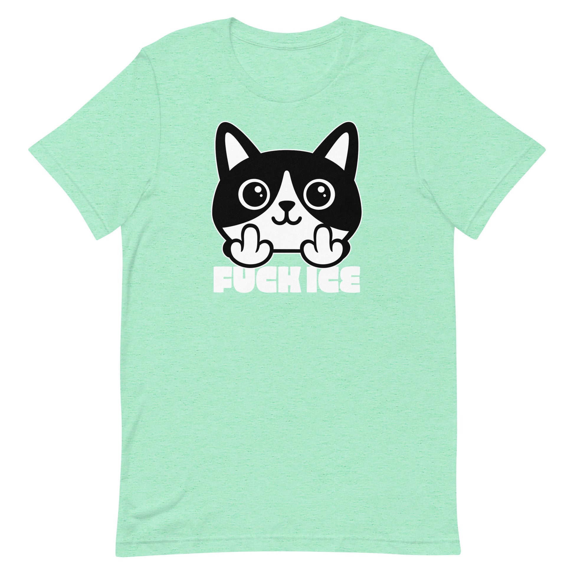 Mint green t-shirt featuring bold graphic cartoon cat flipping the middle finger, high-contrast white print, centered layout, printed message “FUCK ICE,” progressive graphic t-shirt from Blue Wave USA.