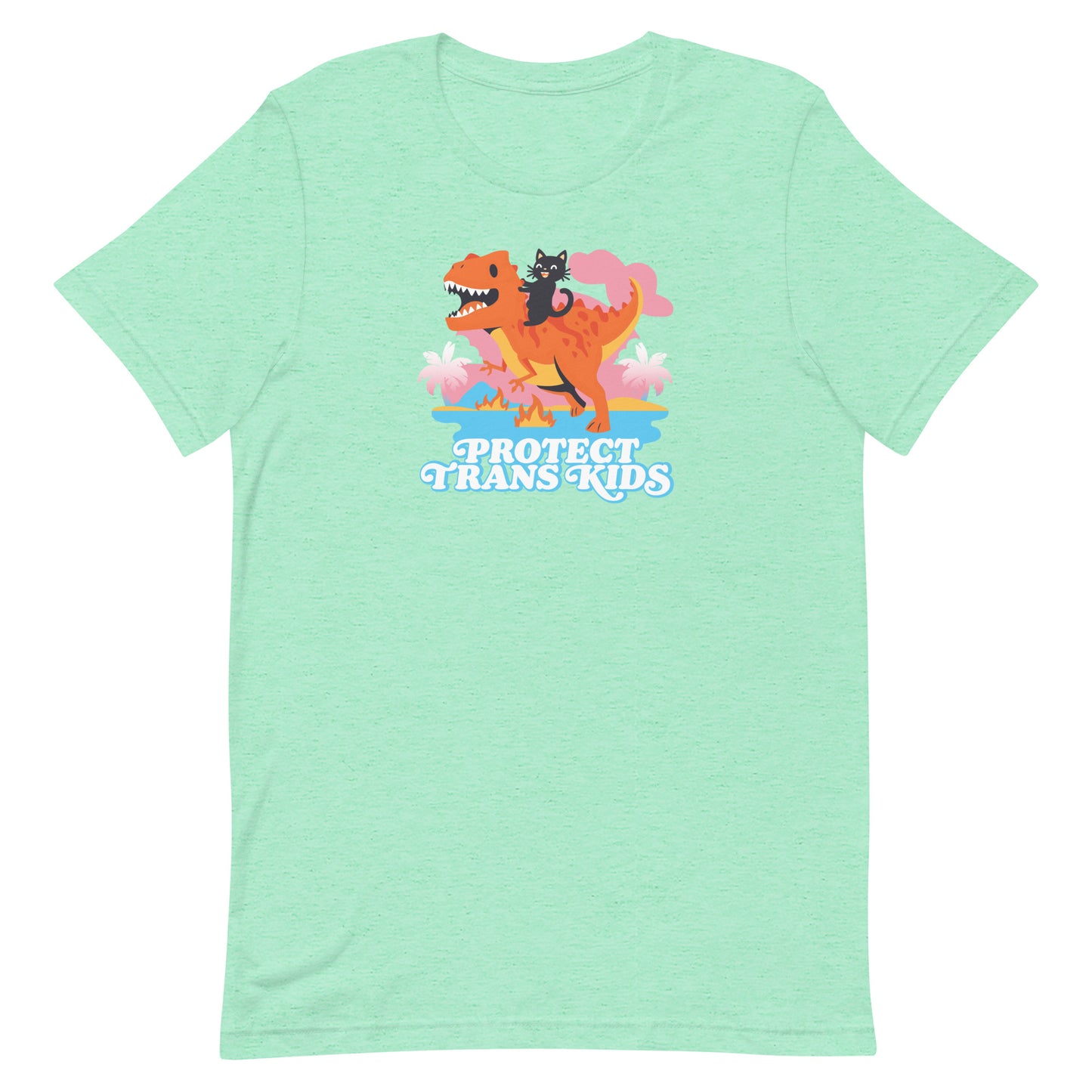 Mint heather green unisex t-shirt featuring cartoon dinosaur and ally cat illustration above bold retro typography reading “Protect Trans Kids.”