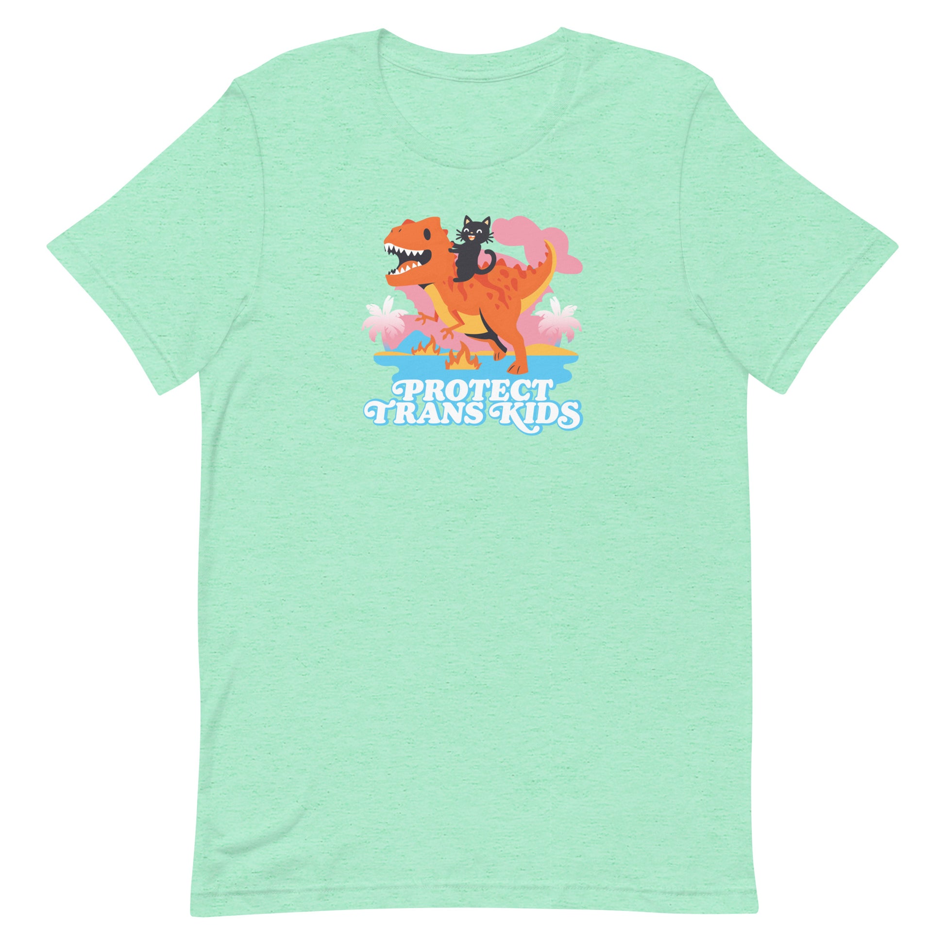 Mint heather green unisex t-shirt featuring cartoon dinosaur and ally cat illustration above bold retro typography reading “Protect Trans Kids.”