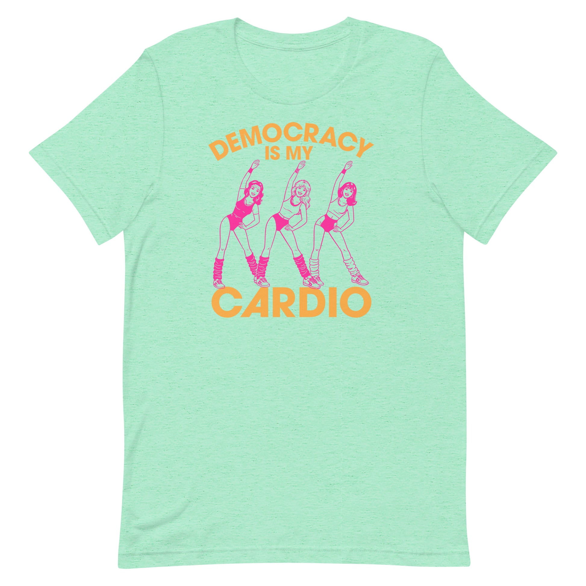 Heather mint unisex T-shirt with pink retro workout figures and cardio democracy slogan, justice-focused design with nostalgic fitness class energy.