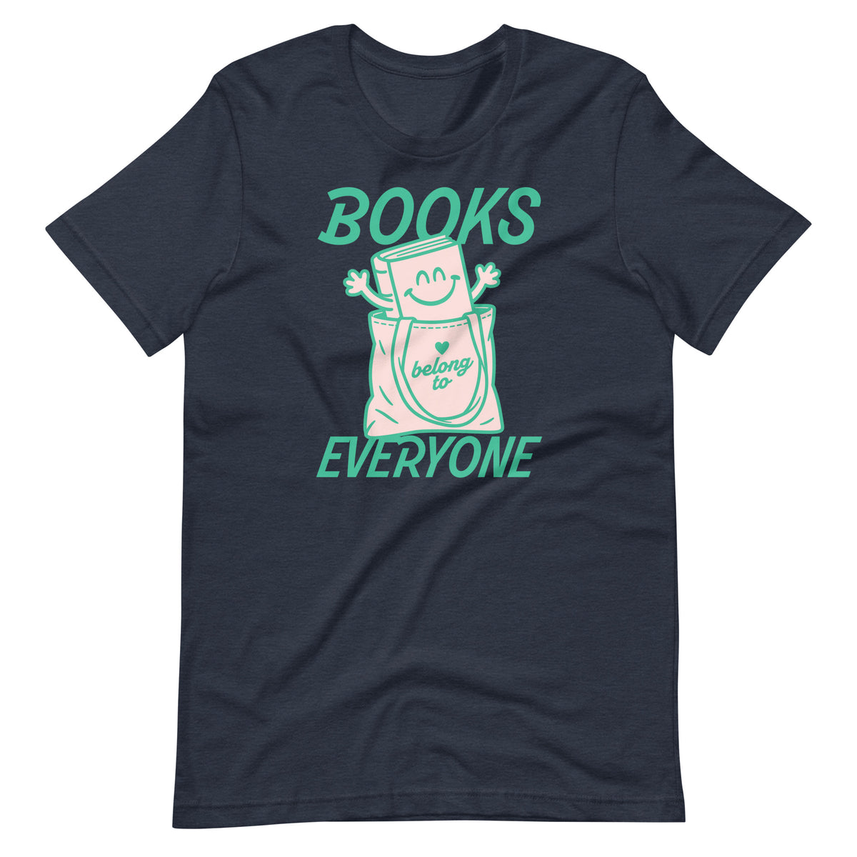 Heather navy unisex t-shirt featuring the “Books Belong to Everyone” book character graphic promoting reading and the freedom to access books.