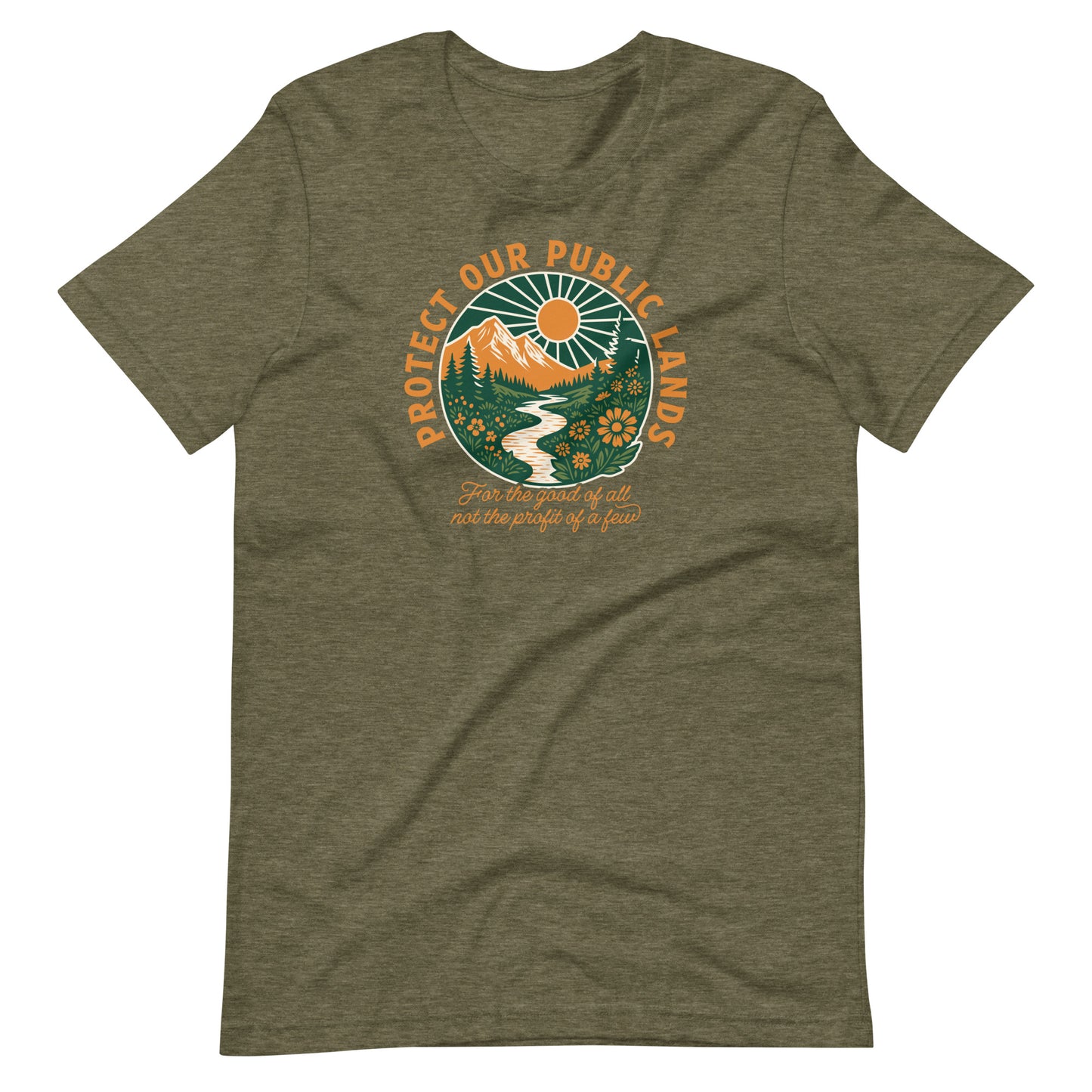 Heather olive green environmental t-shirt featuring a nature-inspired graphic with mountains, river, and wildlife celebrating America’s public lands and natural spaces.
