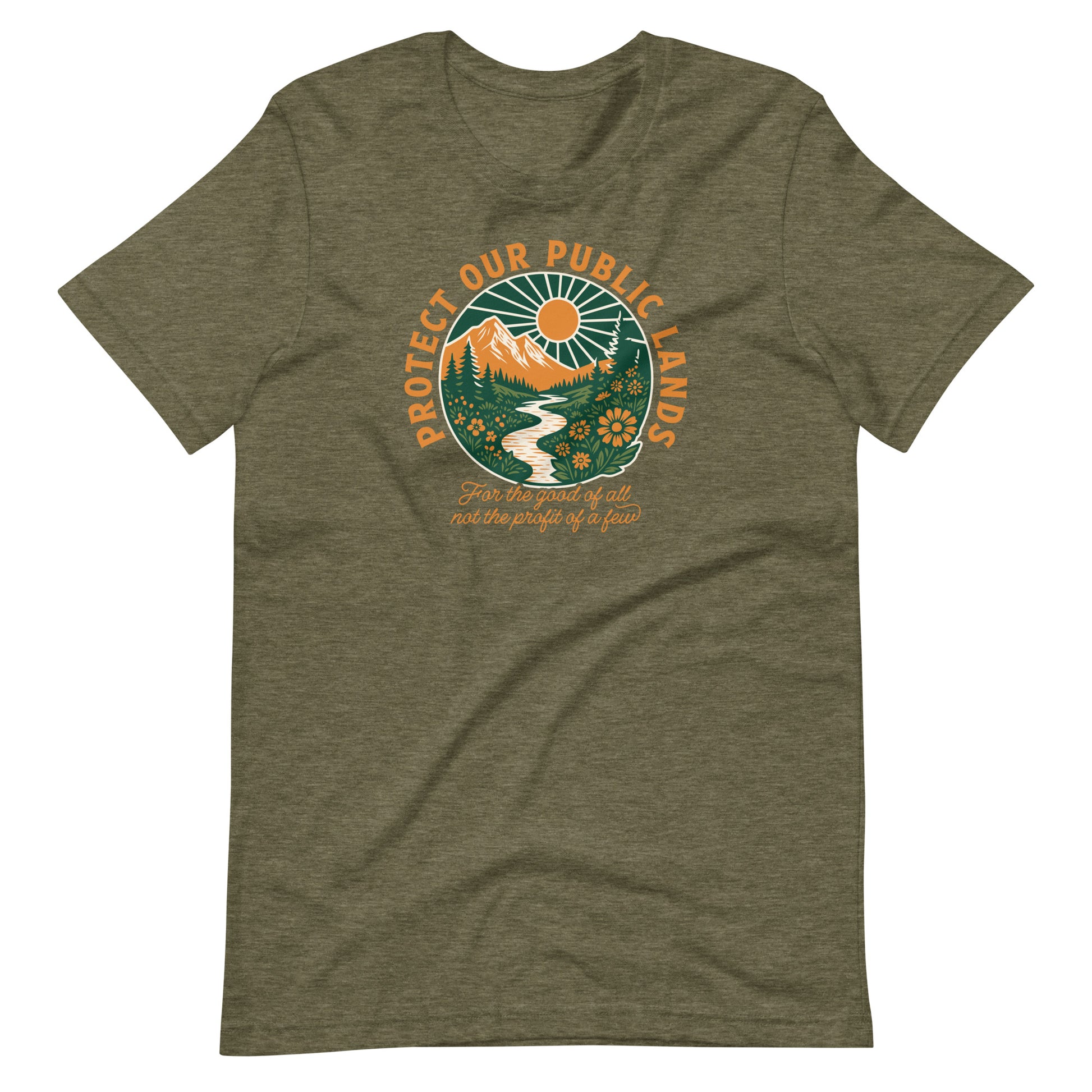 Heather olive green environmental t-shirt featuring a nature-inspired graphic with mountains, river, and wildlife celebrating America’s public lands and natural spaces.