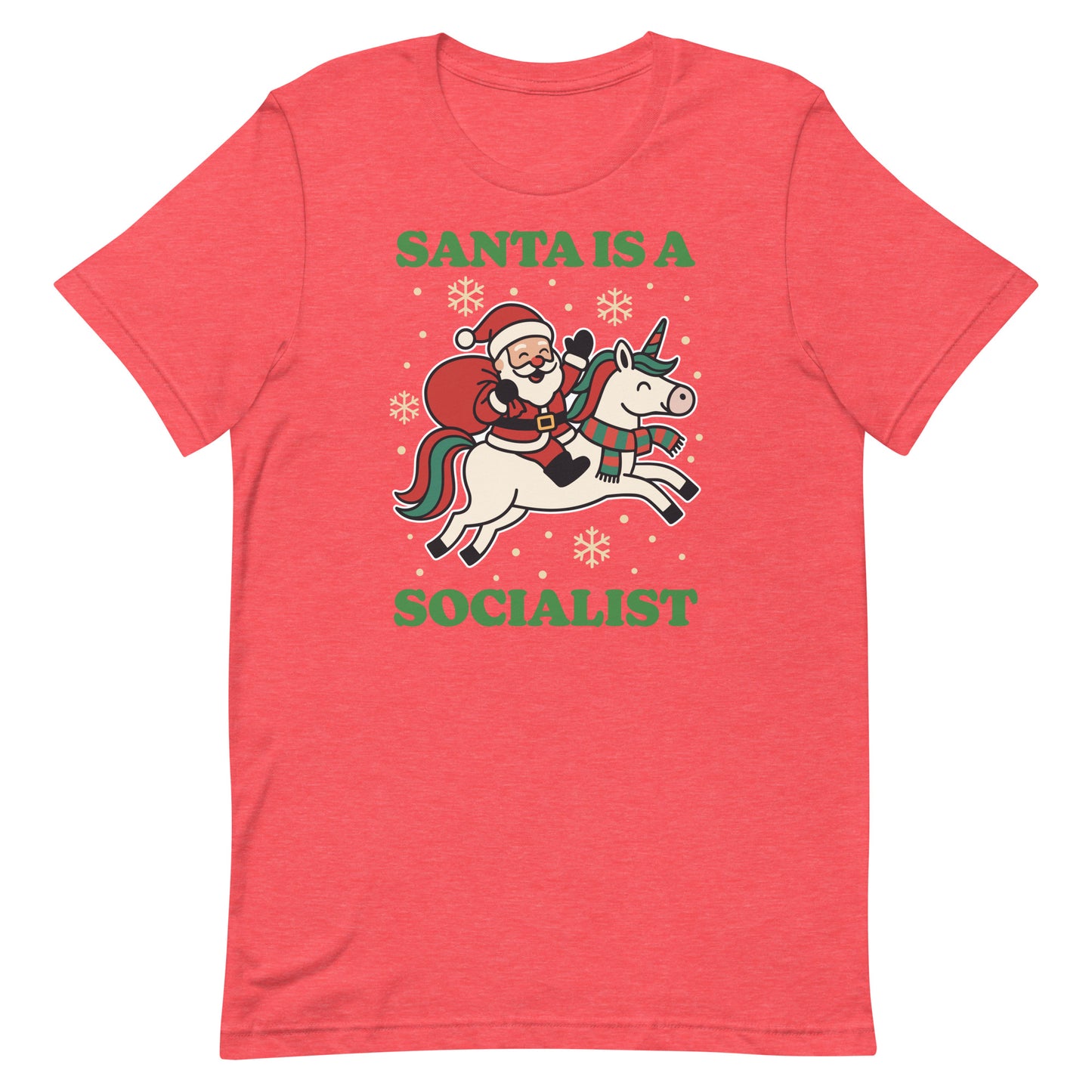 Red heather t-shirt featuring a vintage Santa riding a unicorn illustration with stars and the printed message “SANTA IS A SOCIALIST.”