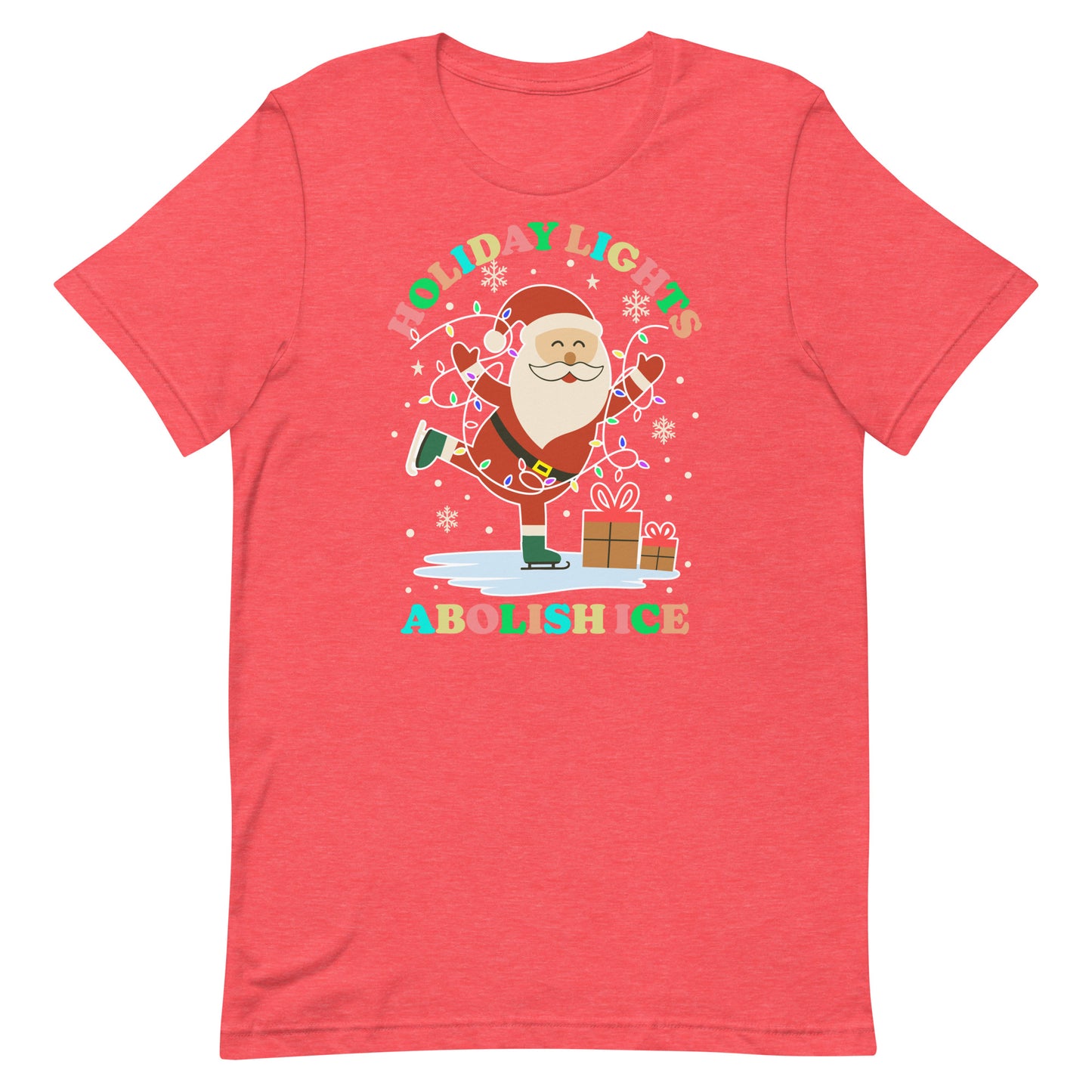 A heather-red unisex t-shirt featuring Santa and festive lights with gifts and stars around the printed phrase “HOLIDAY LIGHTS ABOLISH ICE,” released as part of Blue Wave USA’s holiday line.