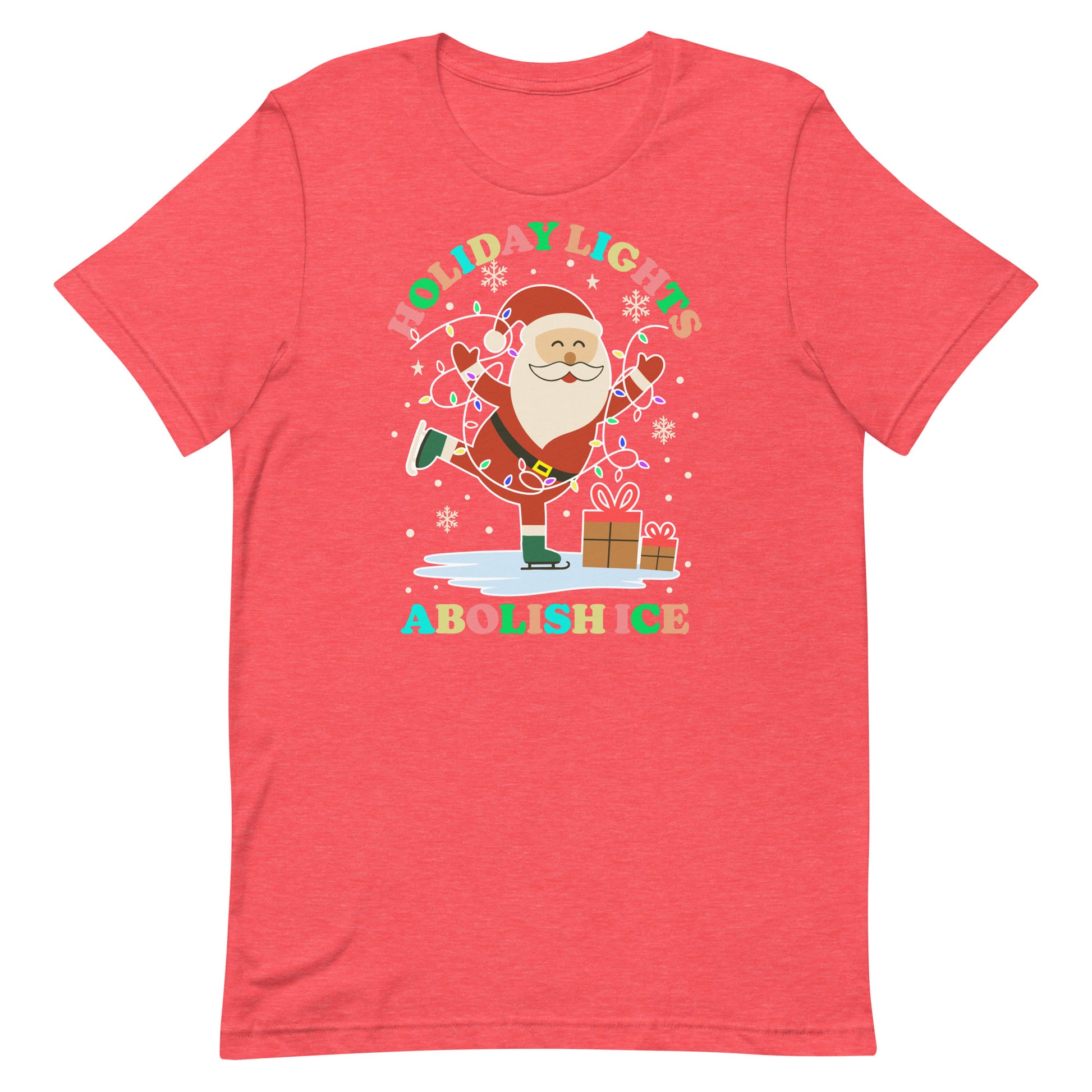 A heather-red unisex t-shirt featuring Santa and festive lights with gifts and stars around the printed phrase “HOLIDAY LIGHTS ABOLISH ICE,” released as part of Blue Wave USA’s holiday line.
