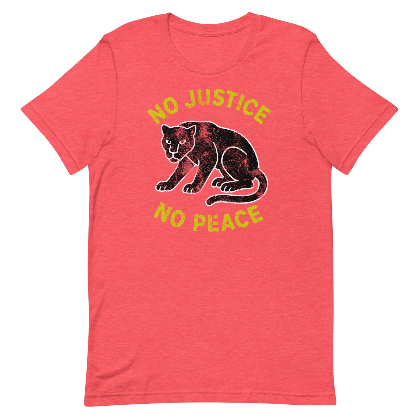 Red heather unisex t-shirt showing “NO JUSTICE NO PEACE” and distressed panther artwork. Activist tee designed for justice-minded supporters.