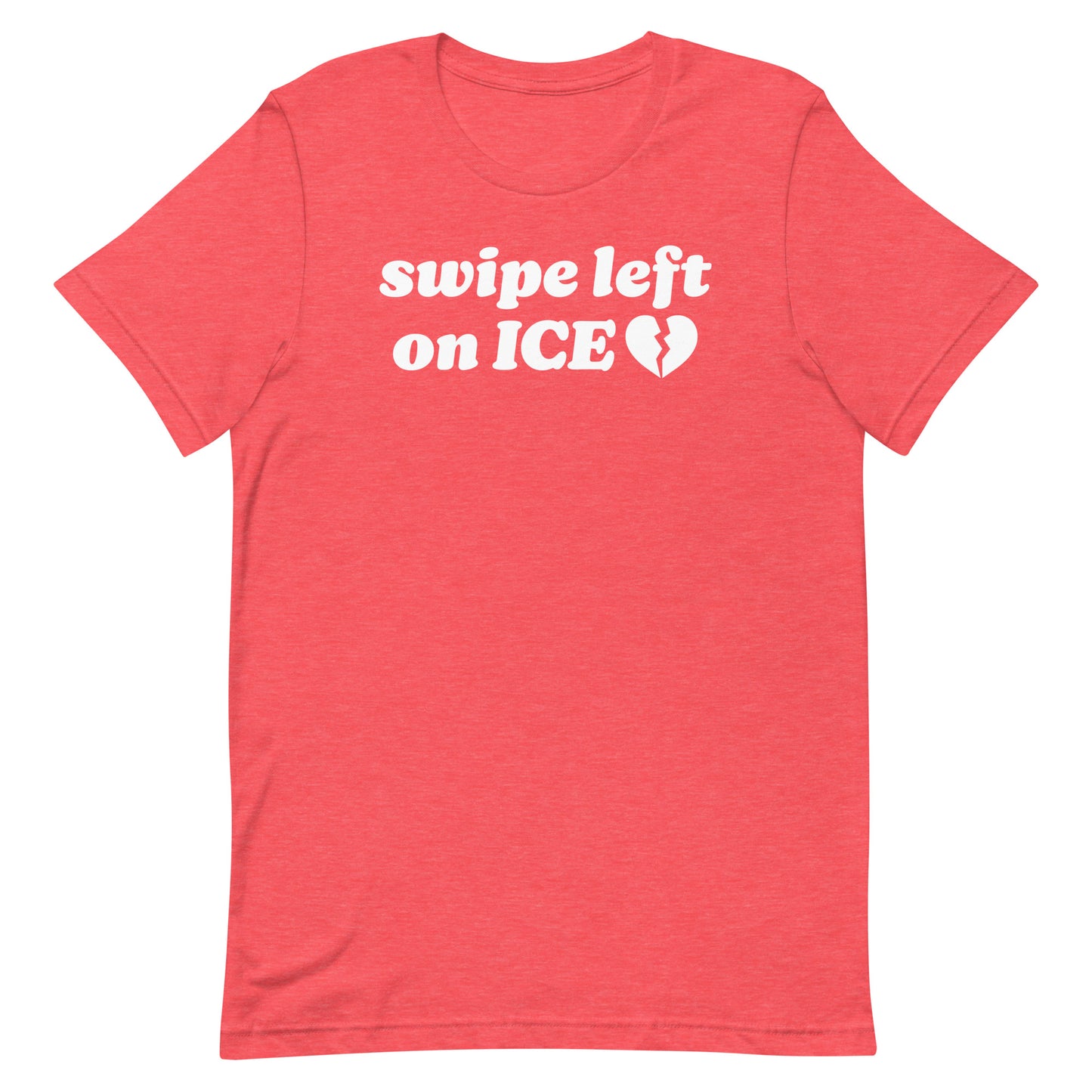 Unisex t-shirt in heather red showcasing “swipe left on ICE” with heart graphic, blending abolitionist messaging and modern progressive apparel style.