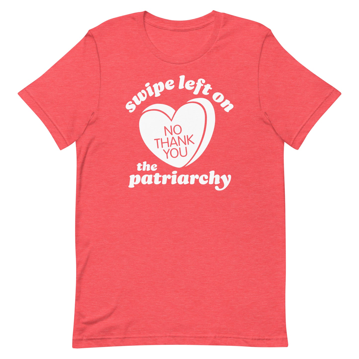 Unisex t-shirt in coral featuring “swipe left on the patriarchy” and heart motif, blending progressive apparel style with anti-patriarchy Valentine humor.