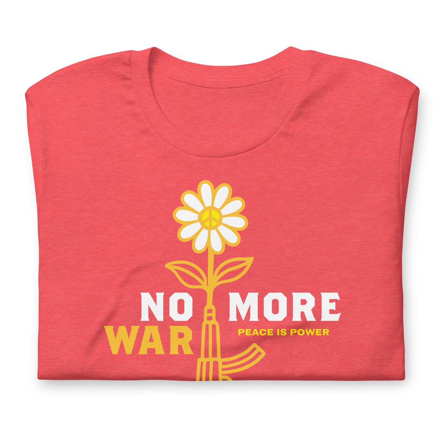 Folded heather red unisex t-shirt featuring bright floral rifle design and “NO MORE WAR” message in contrasting typography.