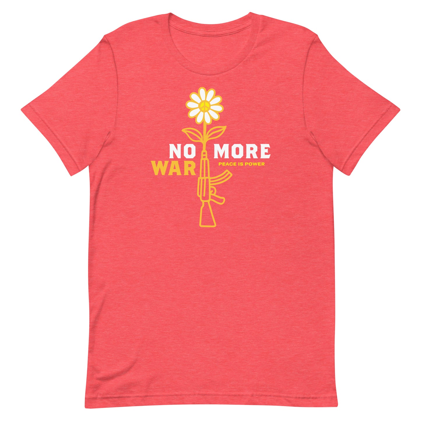 Red unisex t-shirt with bright daisy-and-rifle graphic and bold “NO MORE WAR” wording in contrasting print.