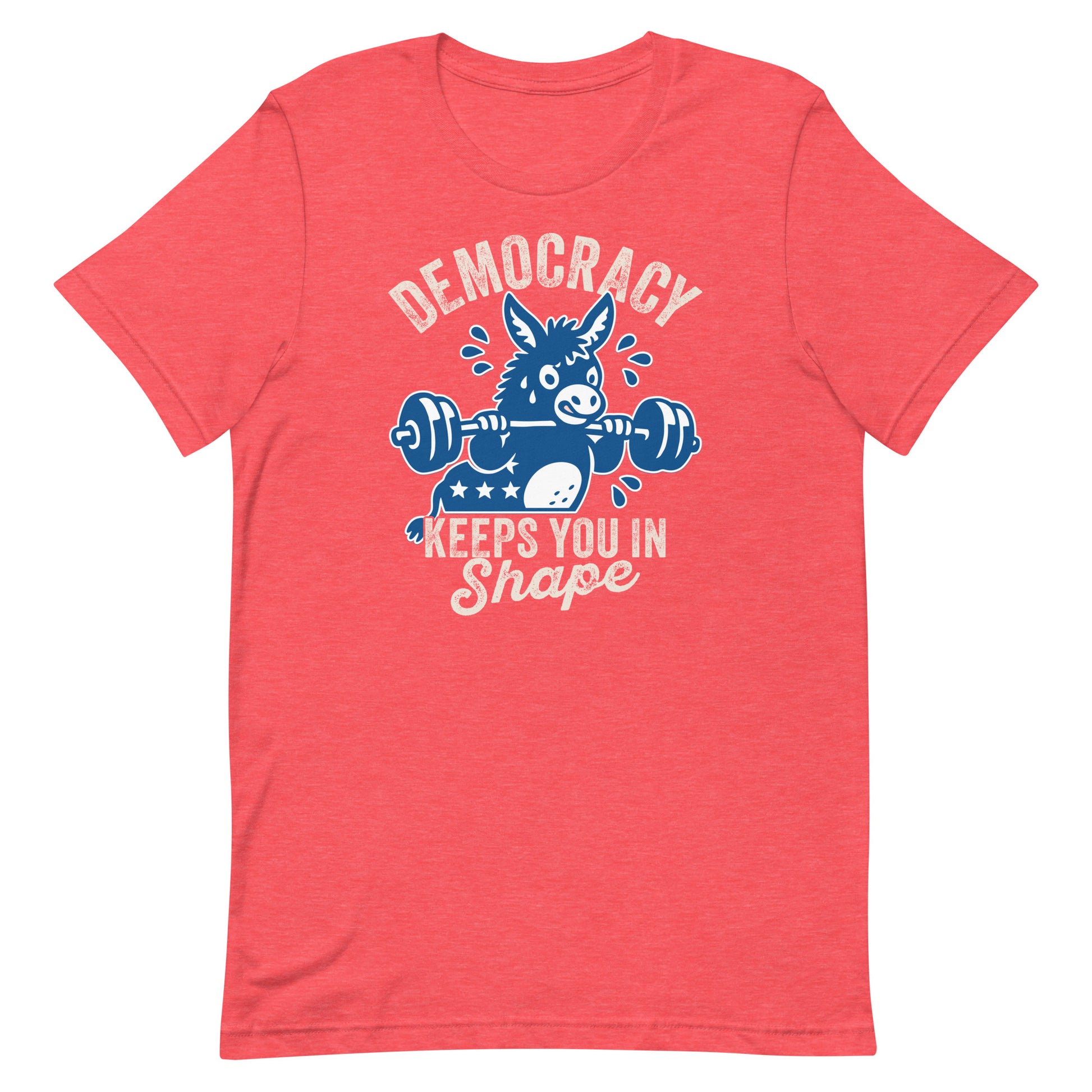 Heather red unisex T-shirt featuring blue donkey illustration, barbell motif, and democracy fitness message in a bright political humor design.