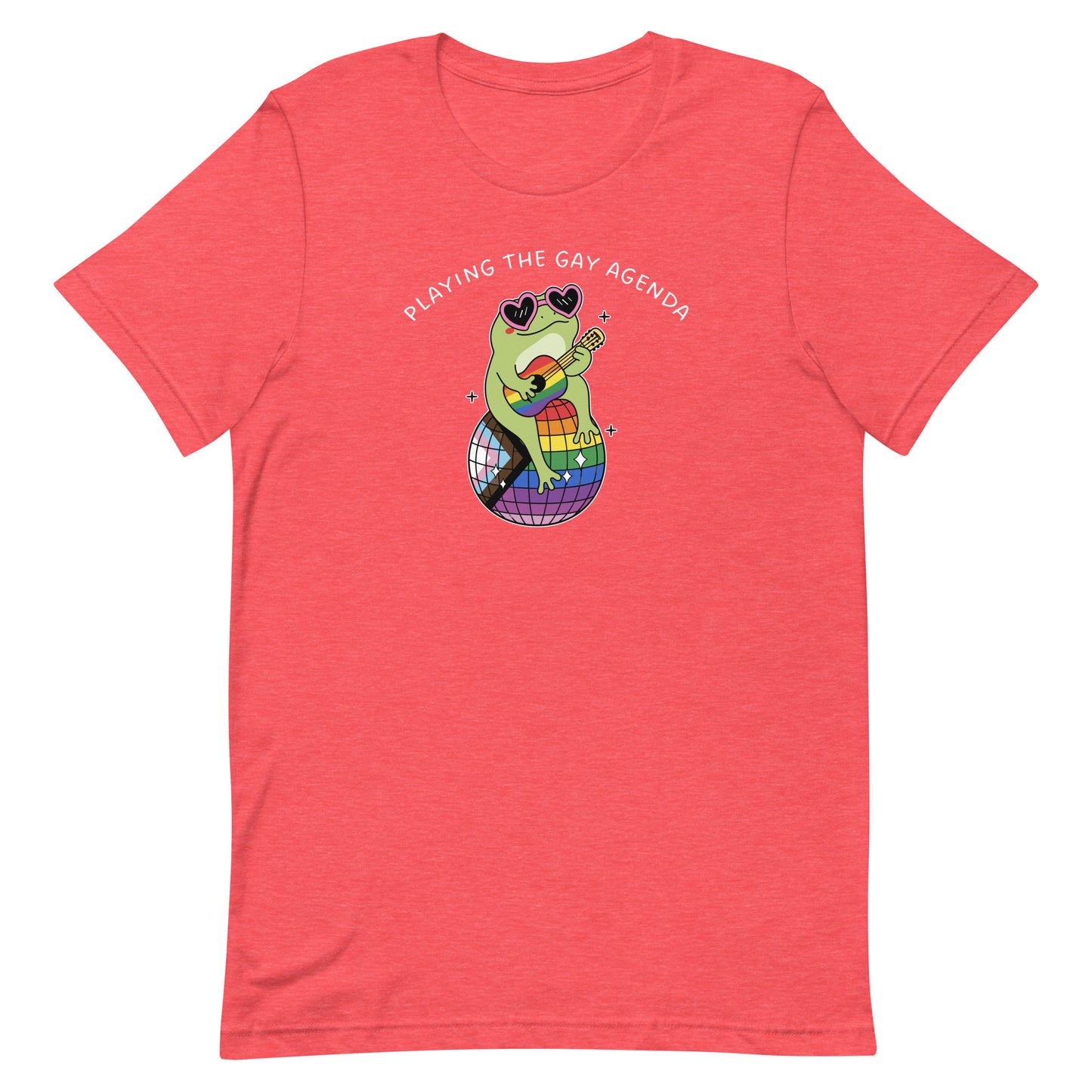 Heather red unisex t-shirt featuring a fashionable frog perched on a rainbow disco ball with “Playing the Gay Agenda” pride-inspired artwork.