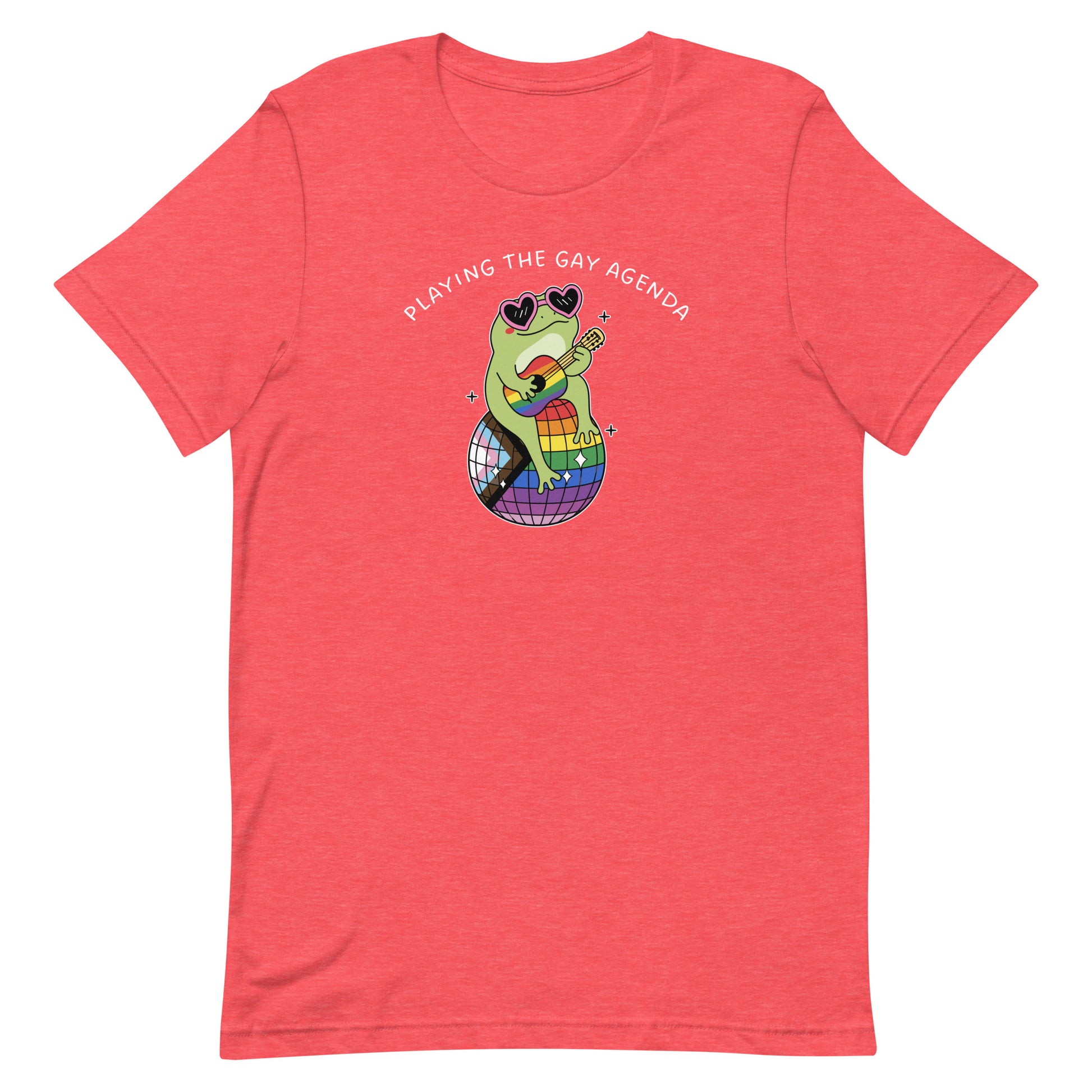 Heather red unisex t-shirt featuring a fashionable frog perched on a rainbow disco ball with “Playing the Gay Agenda” pride-inspired artwork.