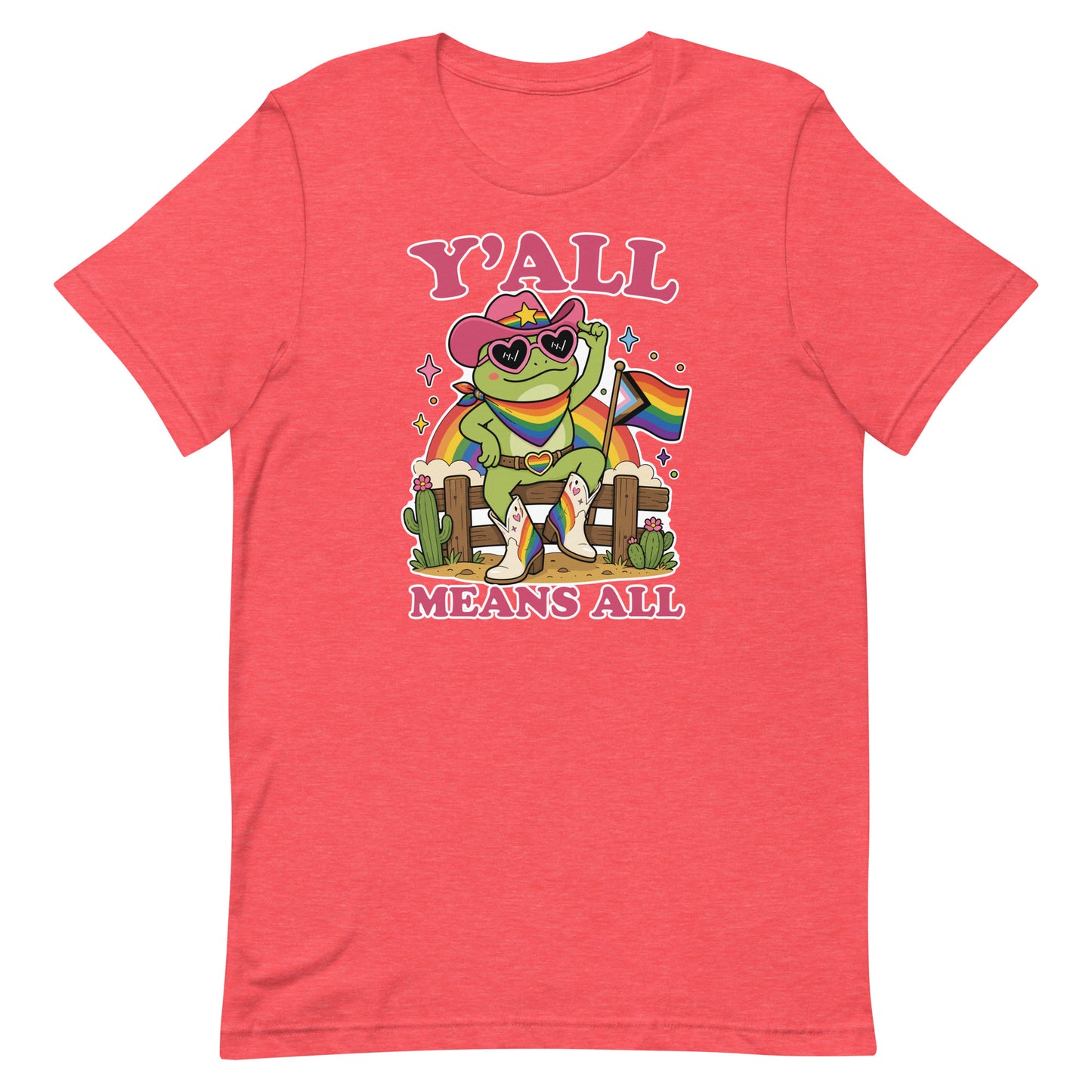 Heather red unisex t-shirt featuring a cowboy frog in heart-shaped sunglasses with rainbow pride flag and welcoming “Y’All Means All” message.