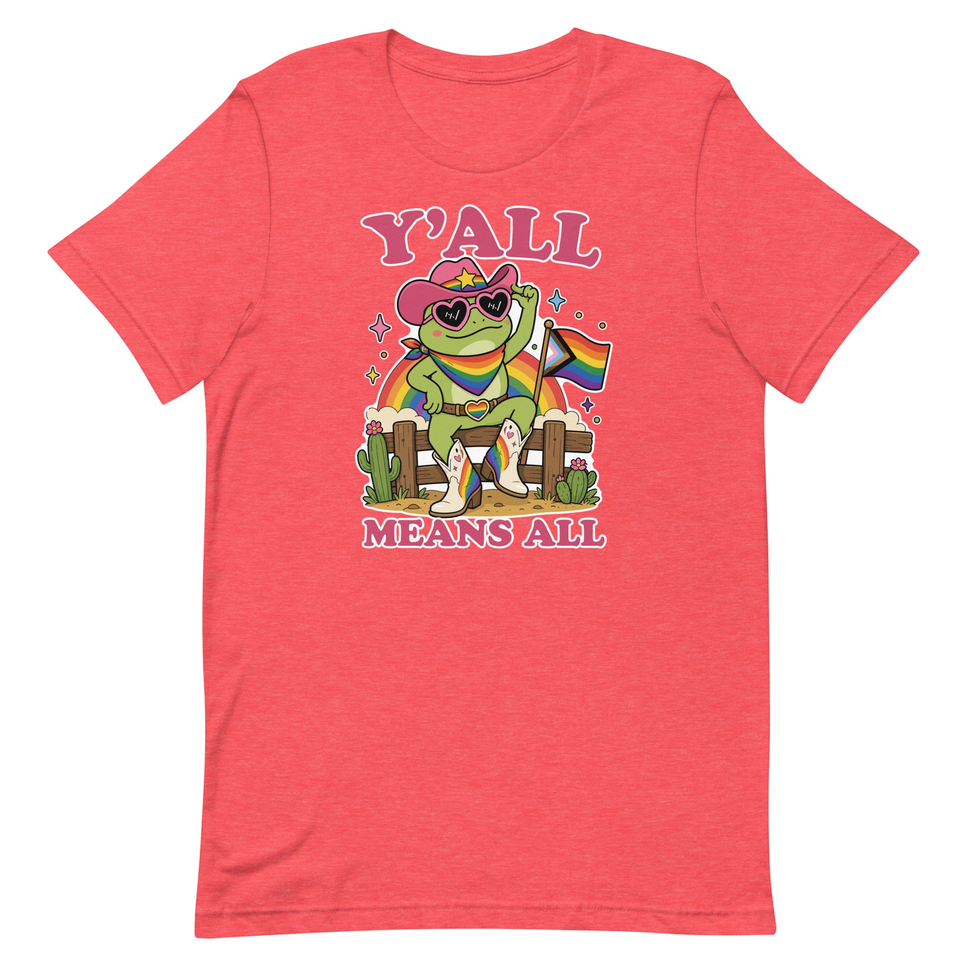 Heather red unisex t-shirt featuring a cowboy frog in heart-shaped sunglasses with rainbow pride flag and welcoming “Y’All Means All” message.