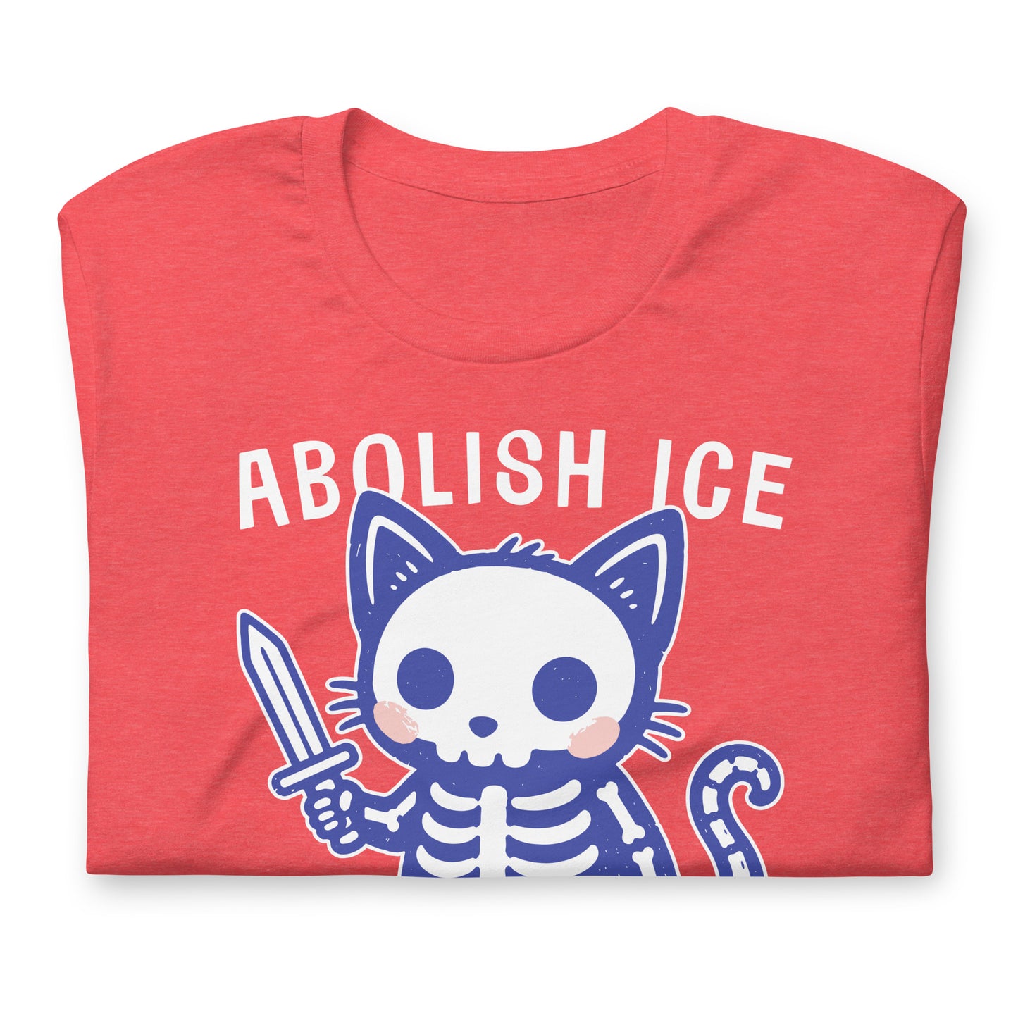 Folded heather red unisex t-shirt showcasing the Abolish ICE skeleton cat graphic with bold typography and cartoon-inspired artwork.
