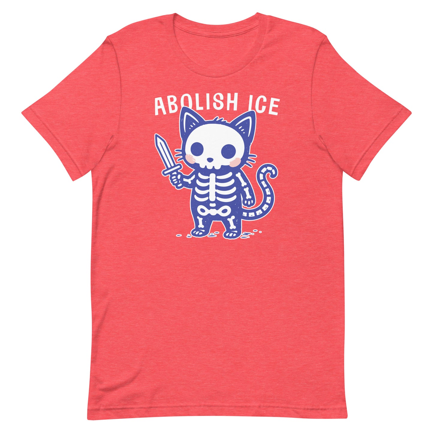 Heather red unisex t-shirt displaying the Abolish ICE skeleton cat design, offering a colorful take on progressive political apparel.